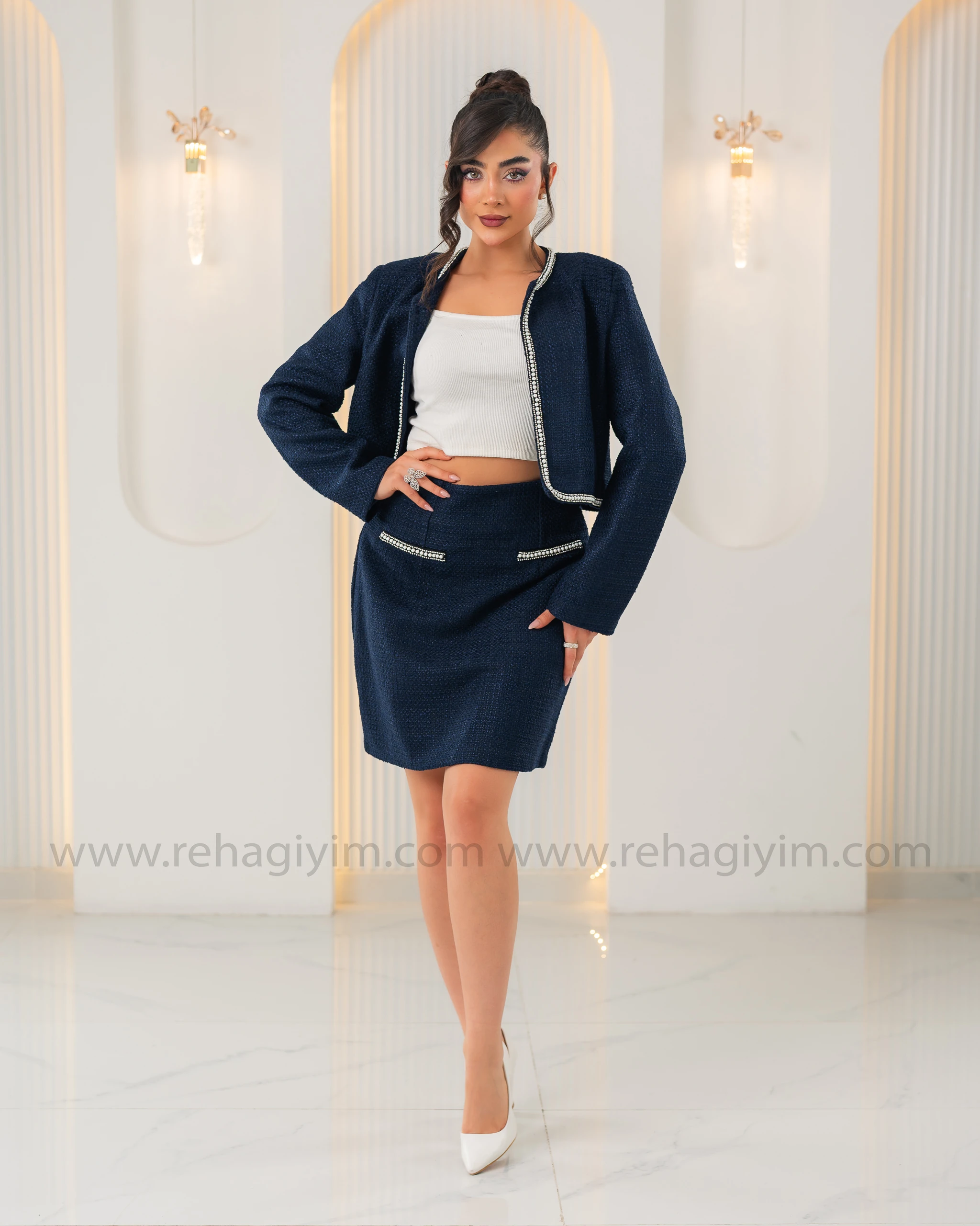 Taş Detaylı Tuvit Etek Ceket Takım - Lacivert