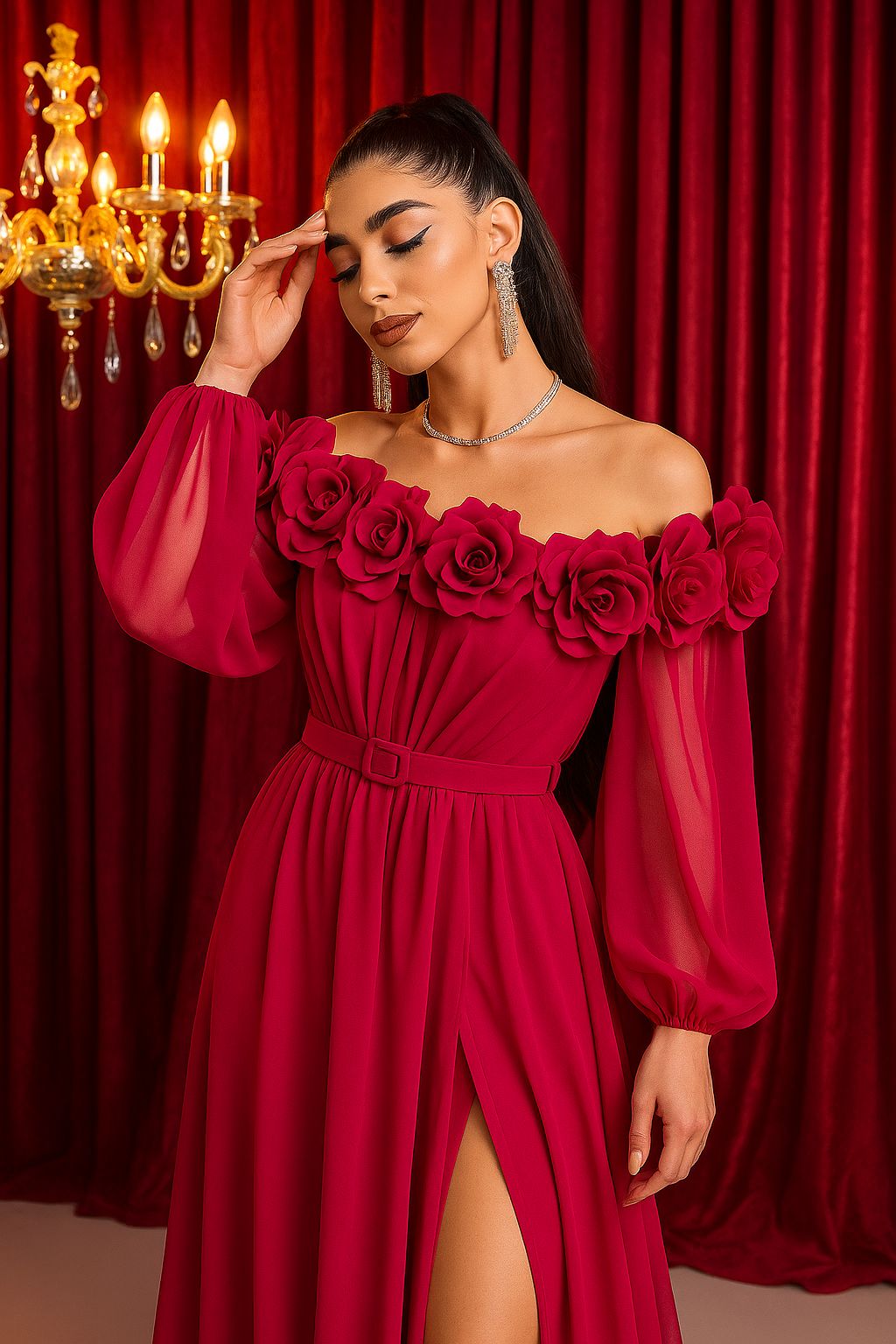 Gül Detaylı Uzun Şifon Abiye Elbise Maxi - Pembe