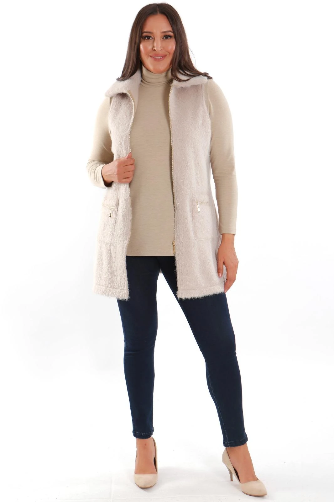 Gold Fermuarlı Kürk Yelek - Bej