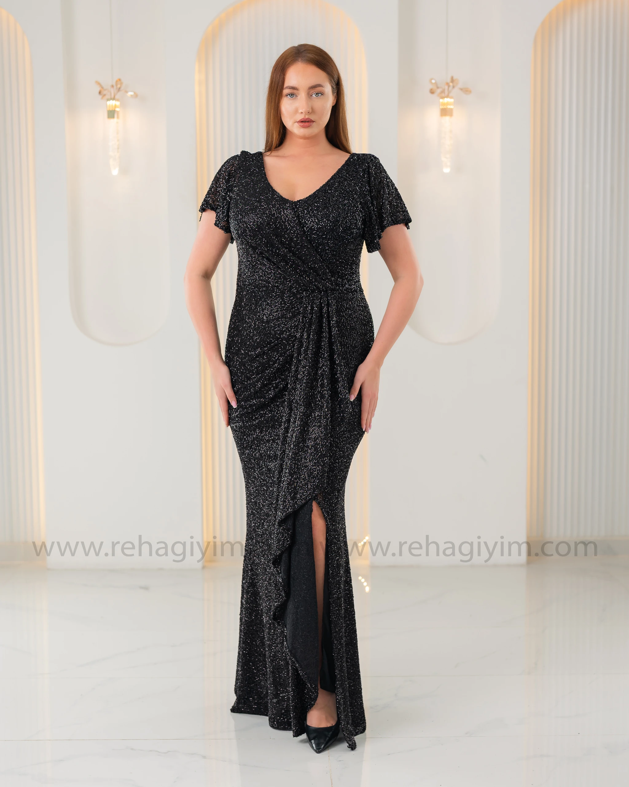 Kısa Kol Yoğun Boncuk Uzun Elbise