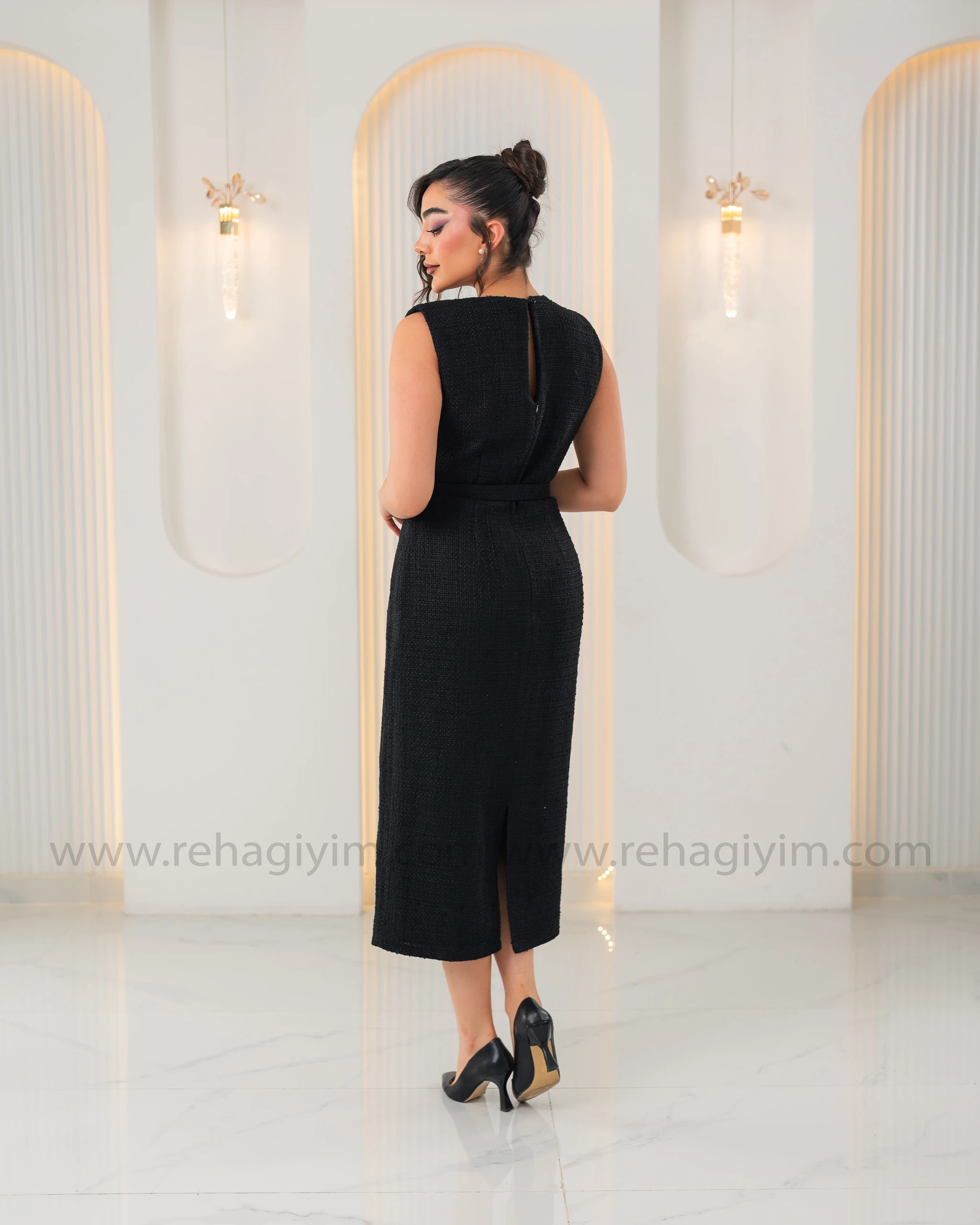 Tuvit Örme Kemerli Elbise - Siyah