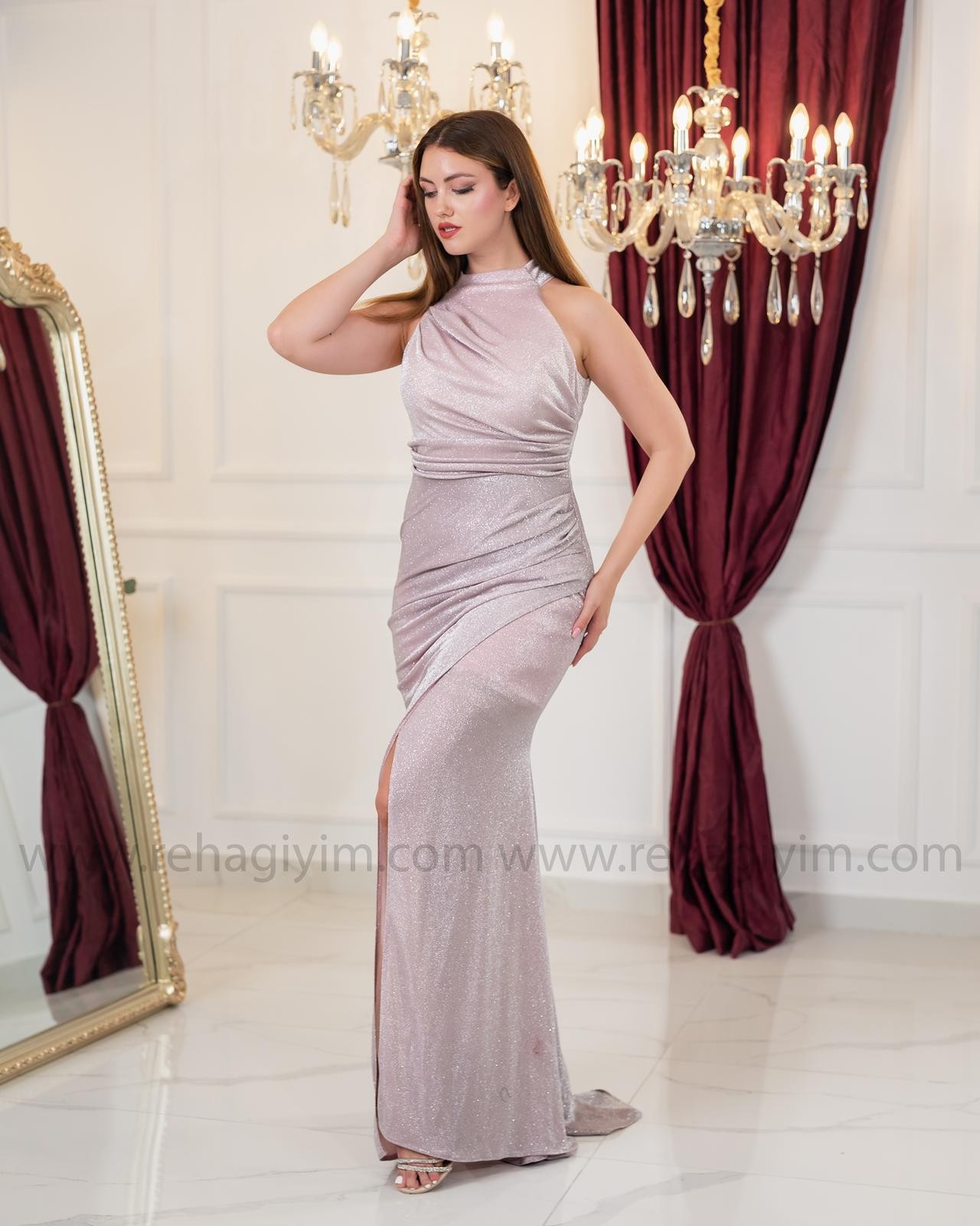 Halter Yaka Drapeli Elbise