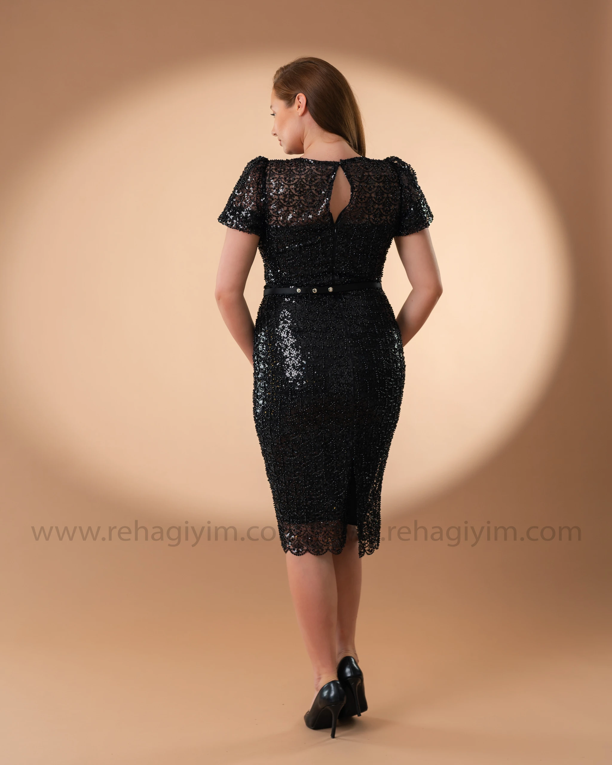 Balon Kol Taş İşlemeli Elbise - Siyah