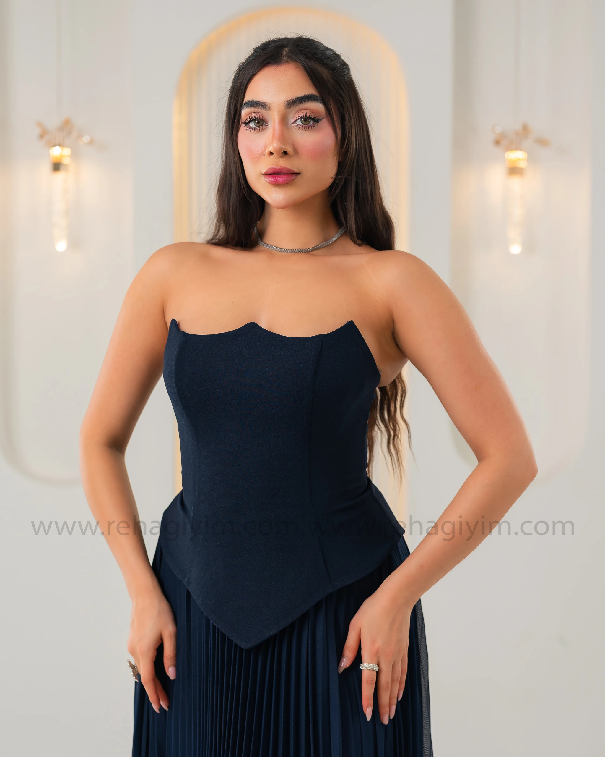 Üstü Krep Altı Şifon Tasarım Abiye Elbise - Lacivert