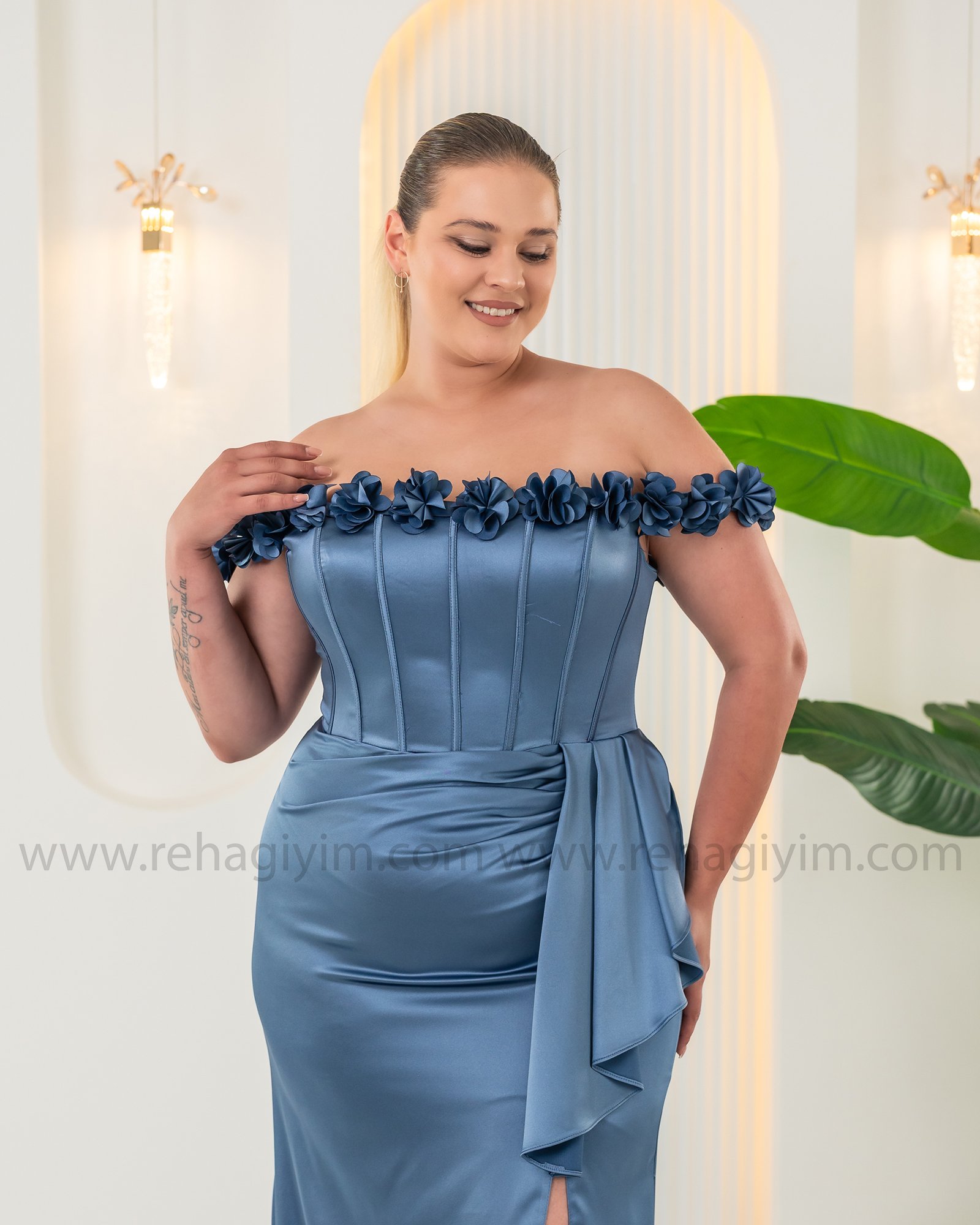 Gül Detaylı Korse Saten Plus - İndigo