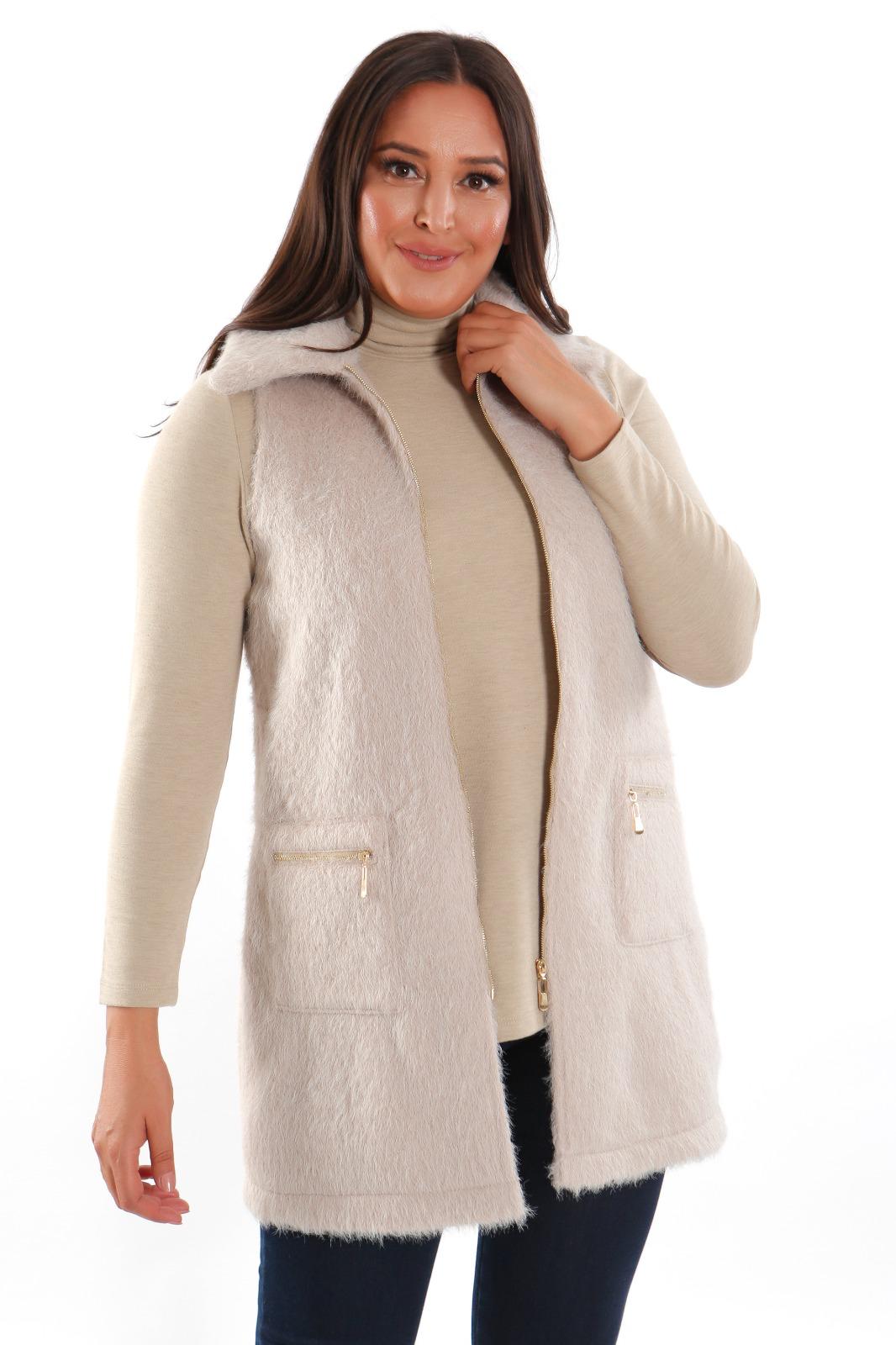 Gold Fermuarlı Kürk Yelek - Bej