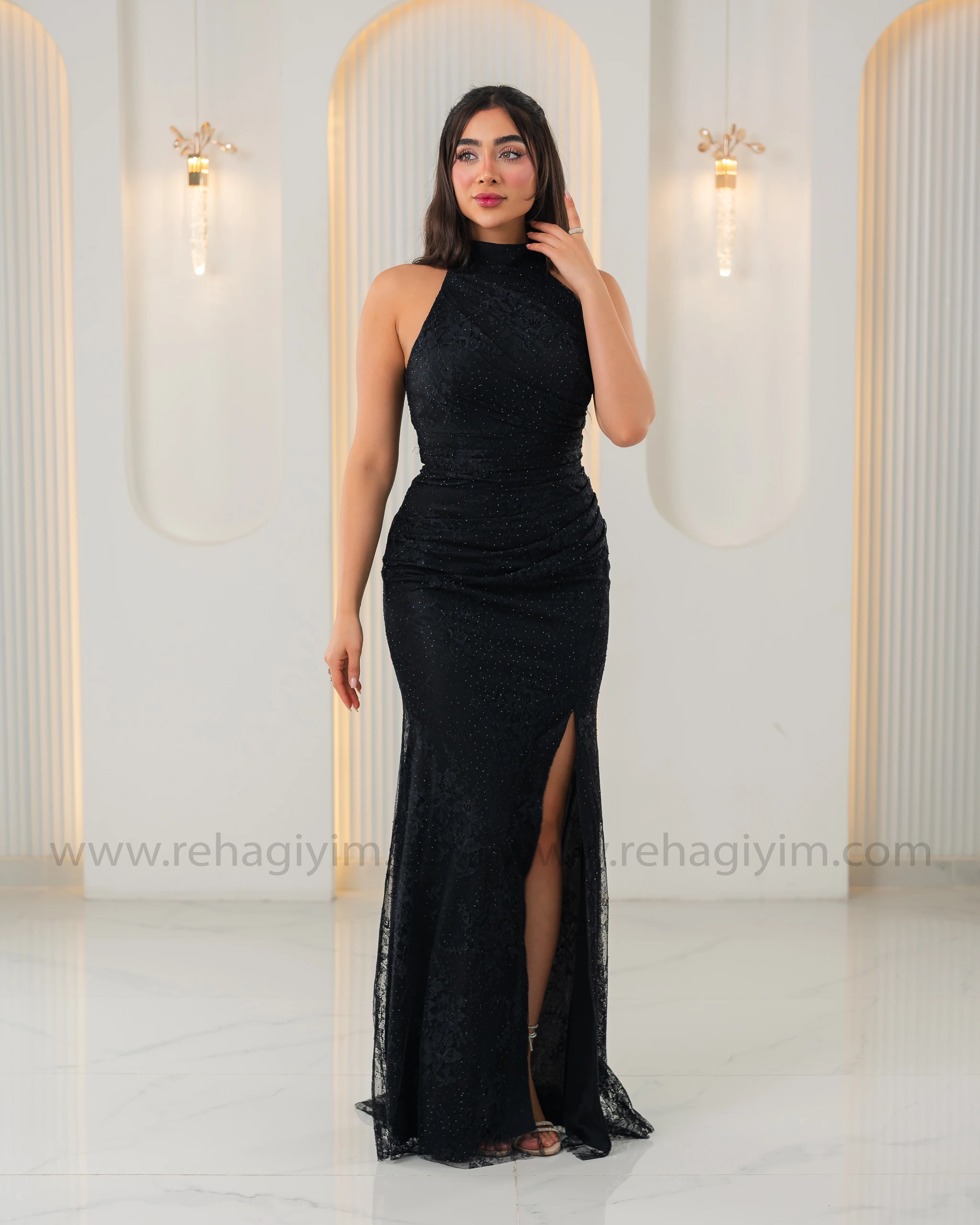 Pırıltı Taşlı Dantel Abiye Maxi - Siyah