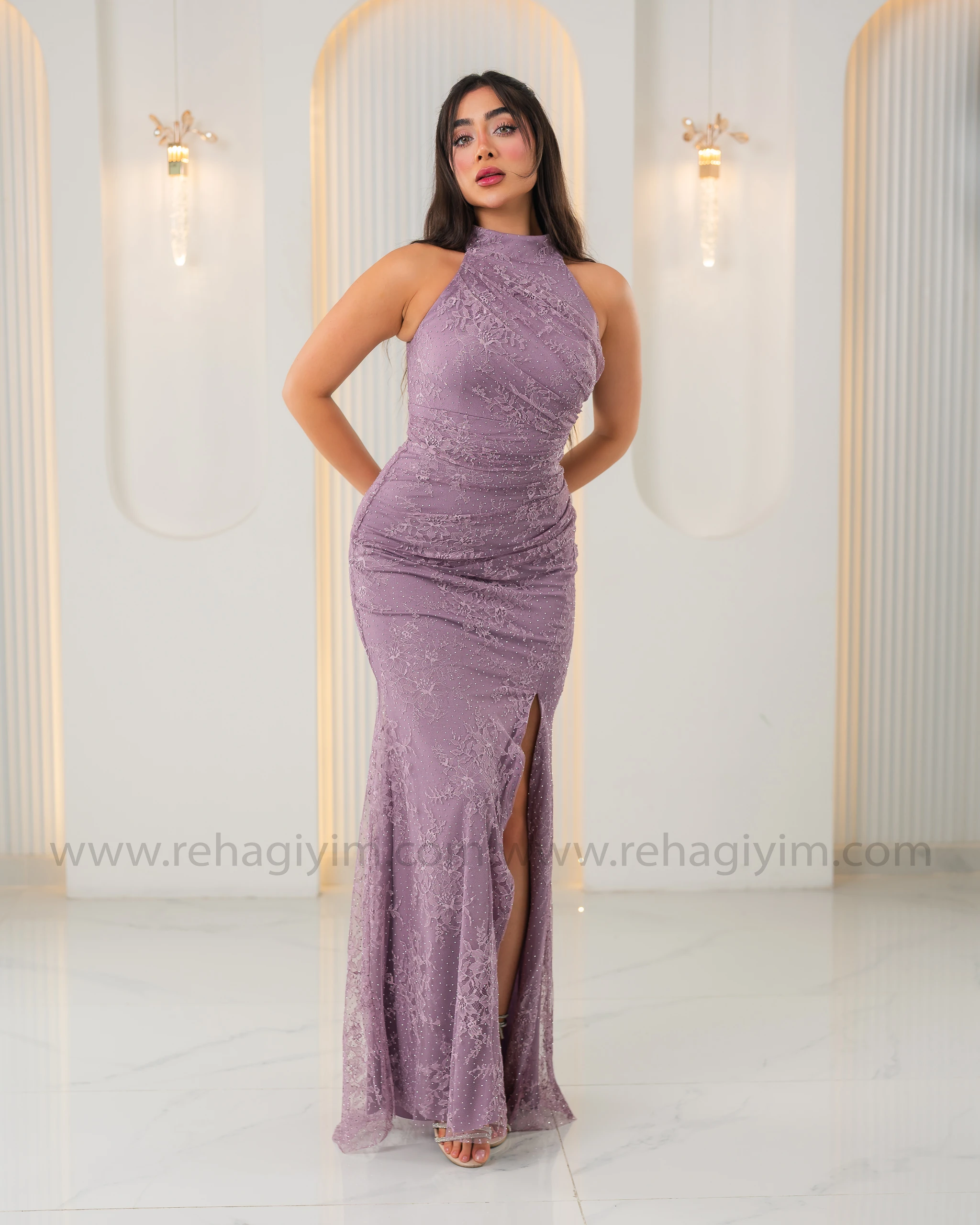 Pırıltı Taşlı Dantel Abiye Maxi - Lila