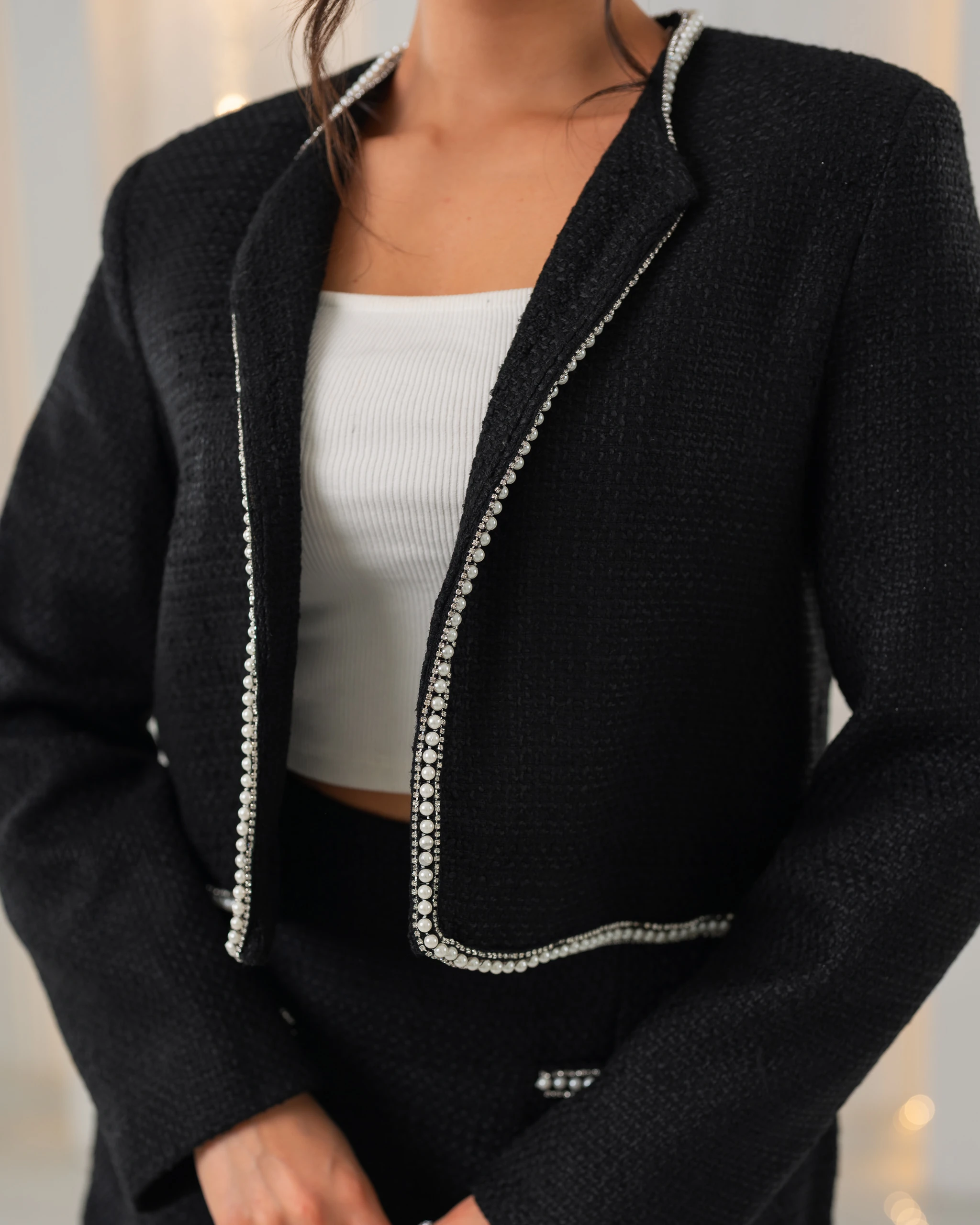 Taş Detaylı Tuvit Etek Ceket Takım - Siyah