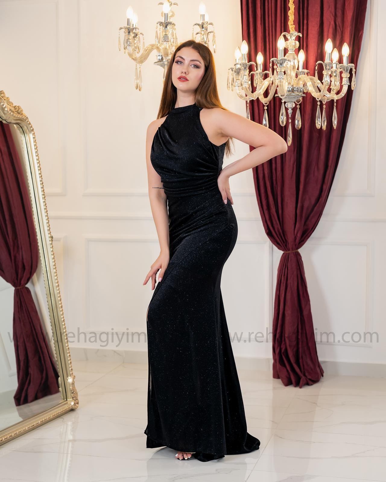 Halter Yaka Drapeli Elbise - siyah