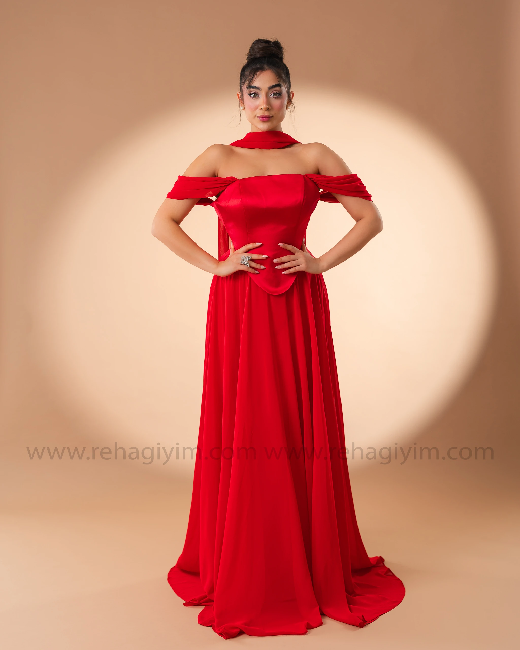 Şal Detaylı Üzeri Saten Altı Şifon Abiye  - Kırmızı