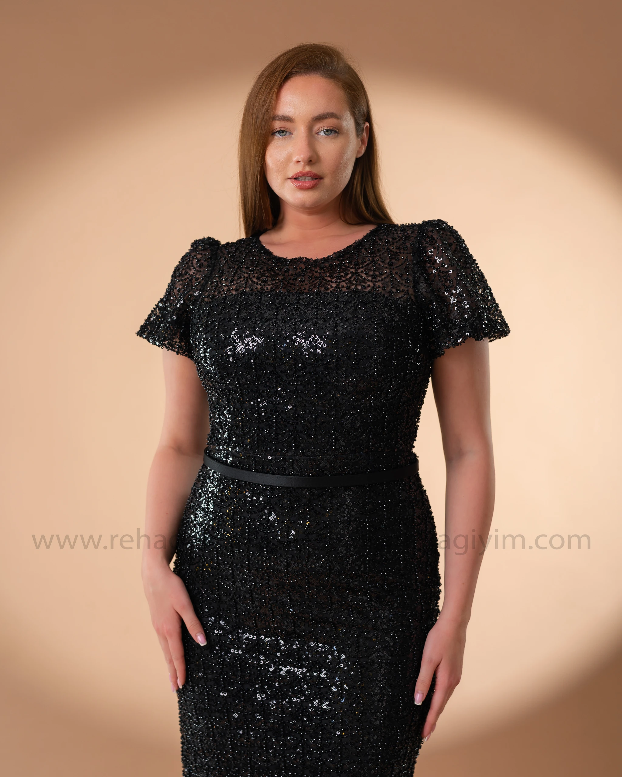 Balon Kol Taş İşlemeli Elbise - Siyah