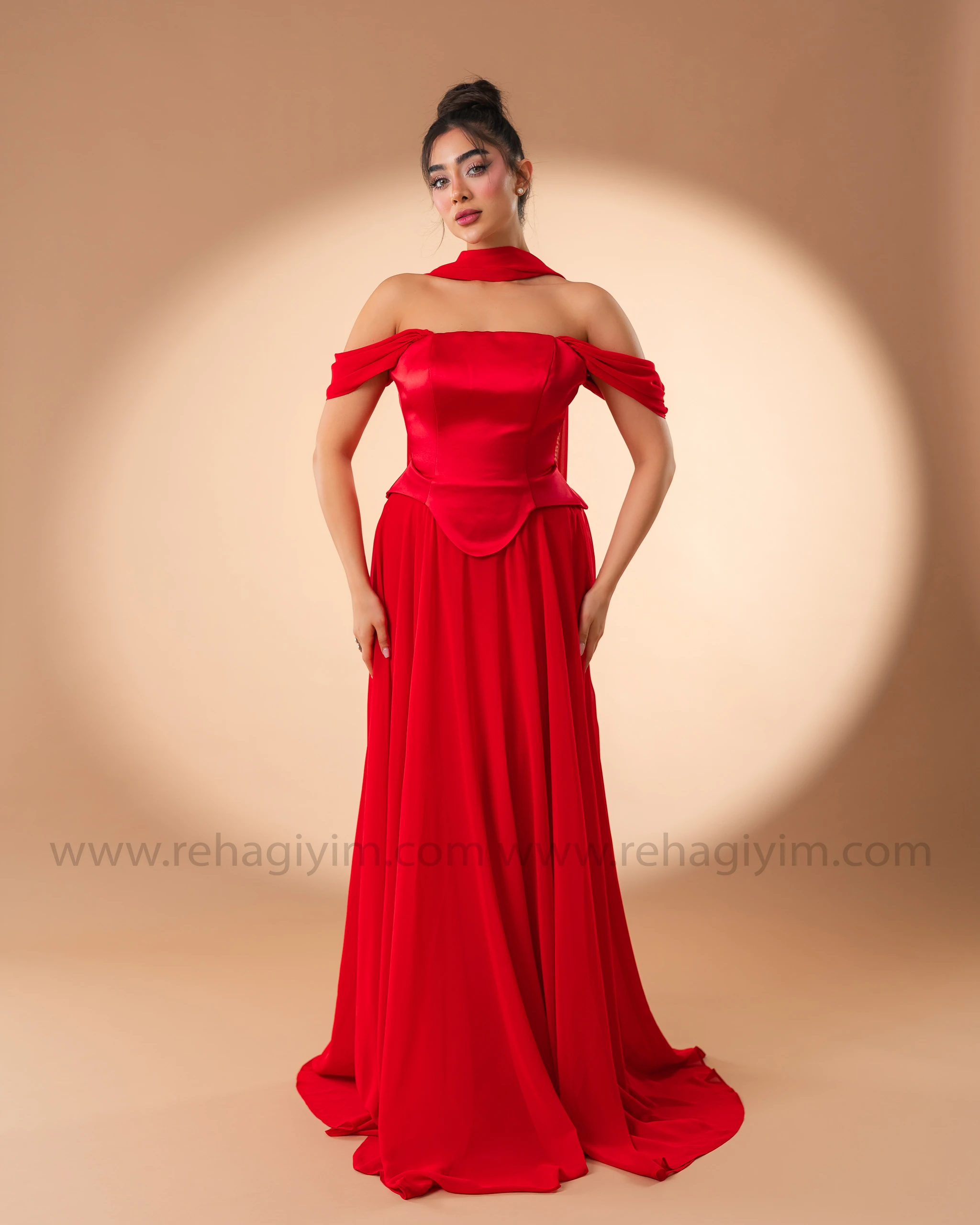 Şal Detaylı Üzeri Saten Altı Şifon Abiye  - Kırmızı