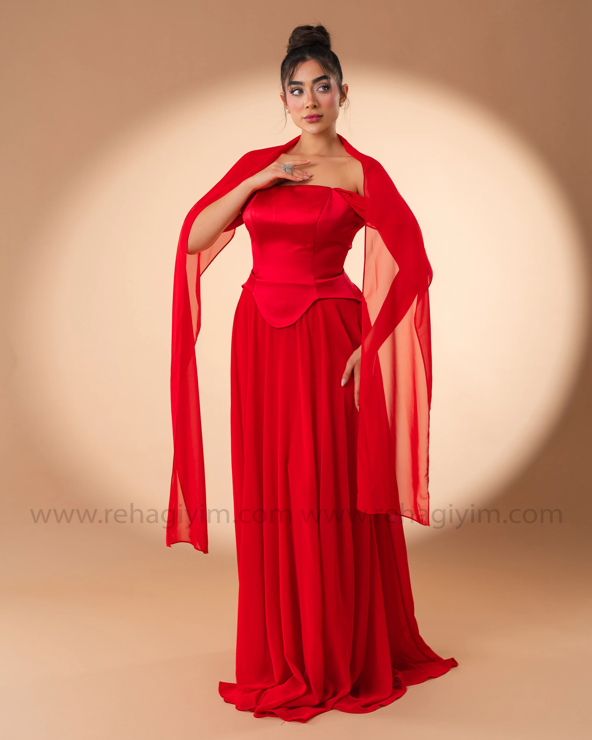 Şal Detaylı Üzeri Saten Altı Şifon Abiye  - Kırmızı