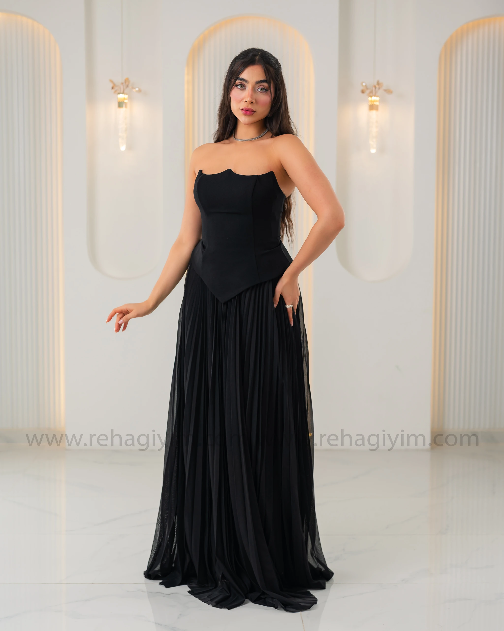 Üstü Krep Altı Şifon Tasarım Abiye Elbise - Siyah