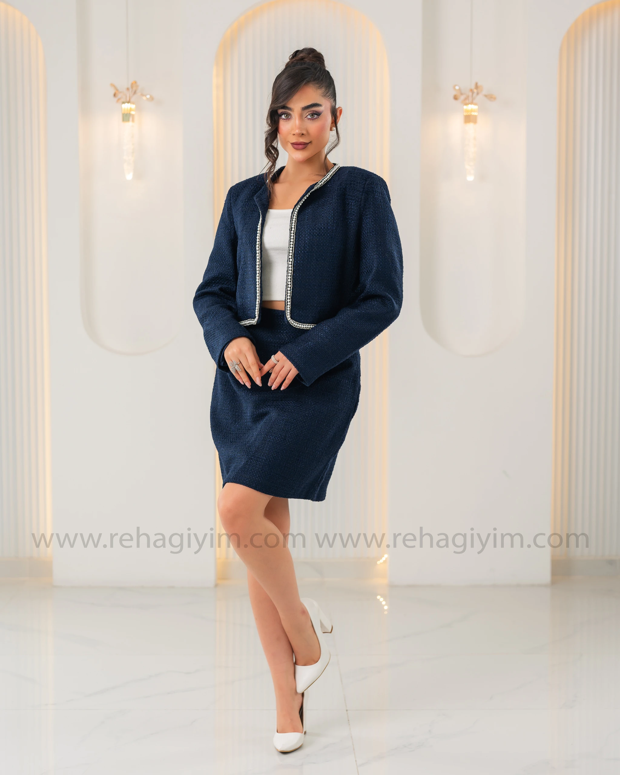 Taş Detaylı Tuvit Etek Ceket Takım - Lacivert