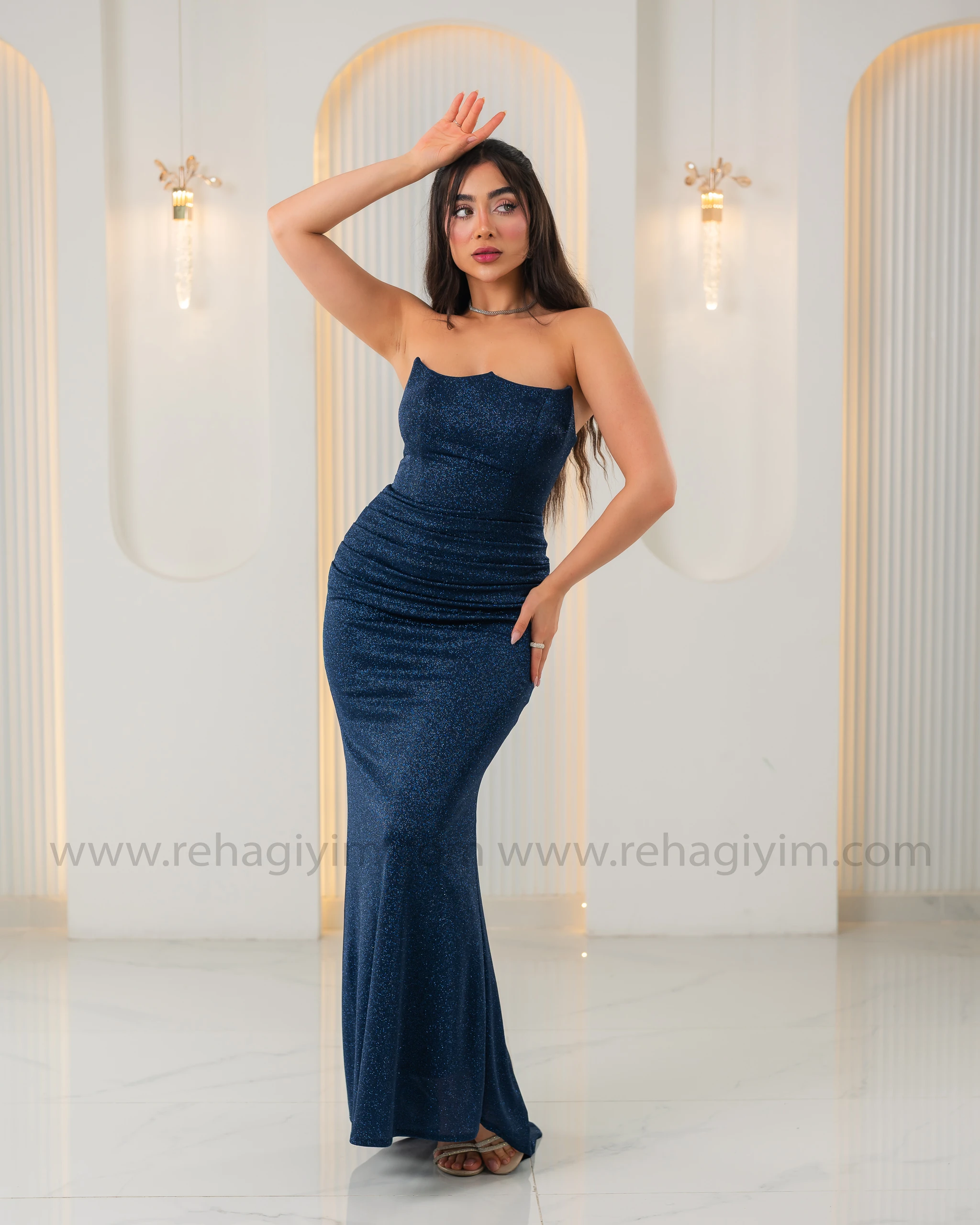 Kalp Yaka Straplez Simli Abiye Maxi - Lacivert