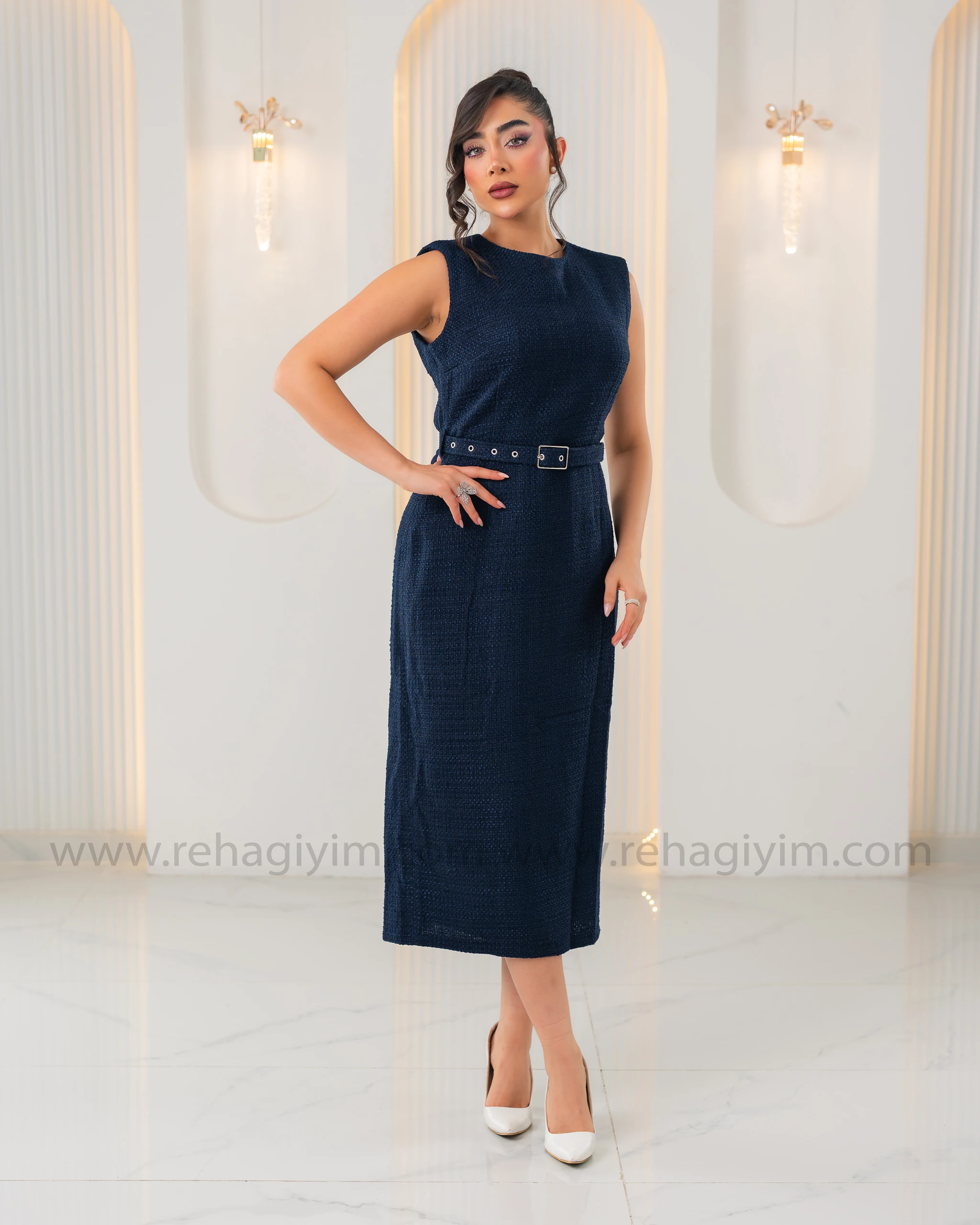 Tuvit Örme Kemerli Elbise - Lacivert