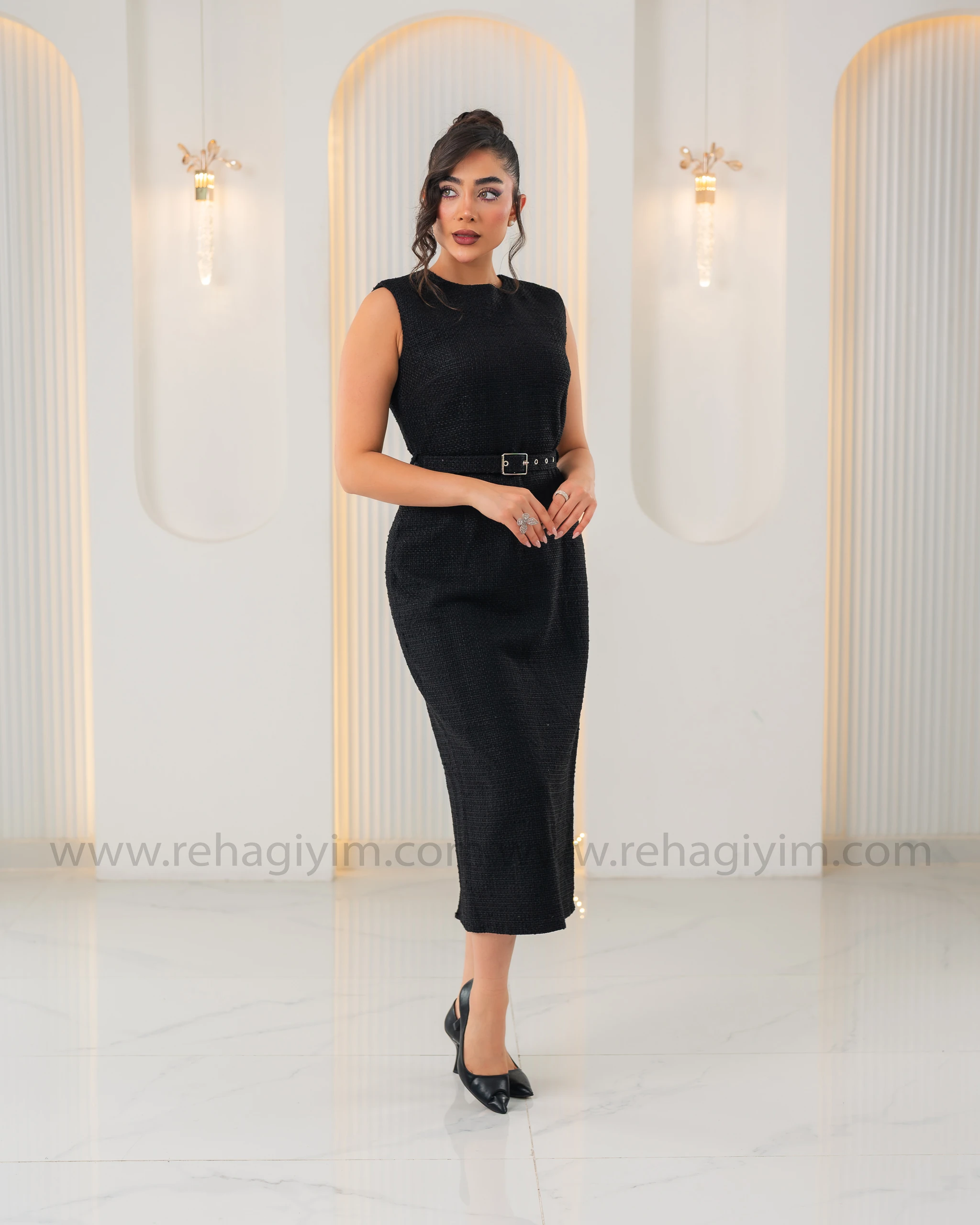 Tuvit Örme Kemerli Elbise - Siyah