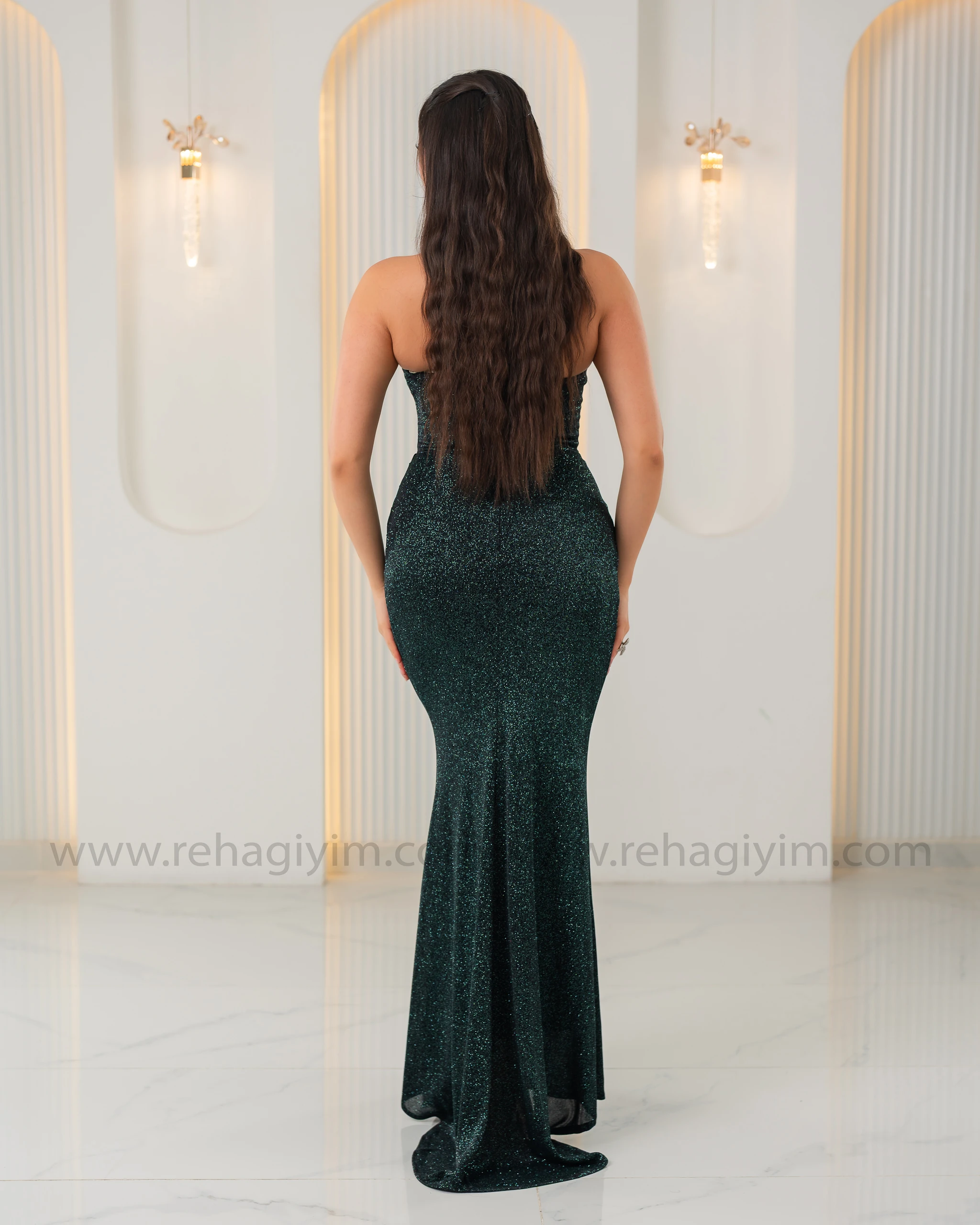 Kalp Yaka Straplez Simli Abiye Maxi - Yeşil