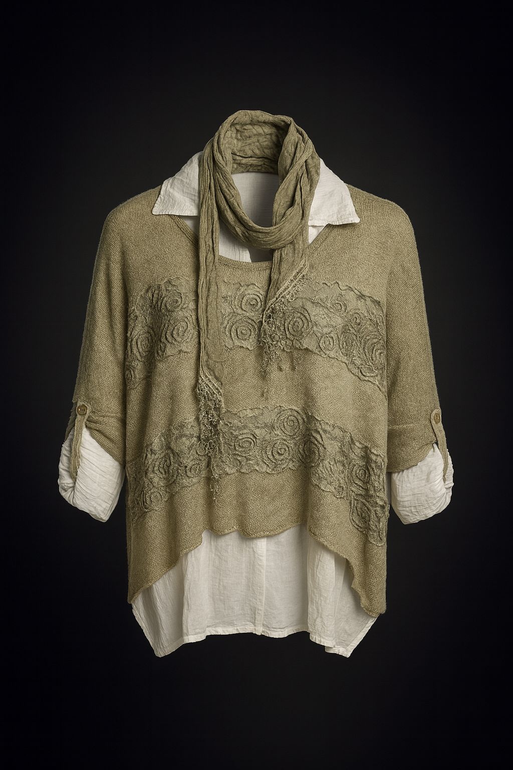 İtaly Dantel Fularlı ikili Triko Bluz - Yeşil