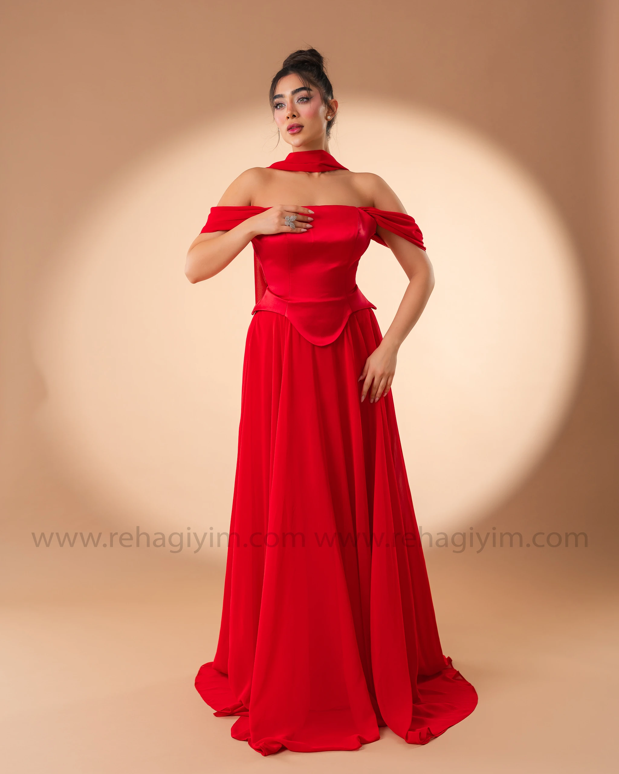 Şal Detaylı Üzeri Saten Altı Şifon Abiye  - Kırmızı