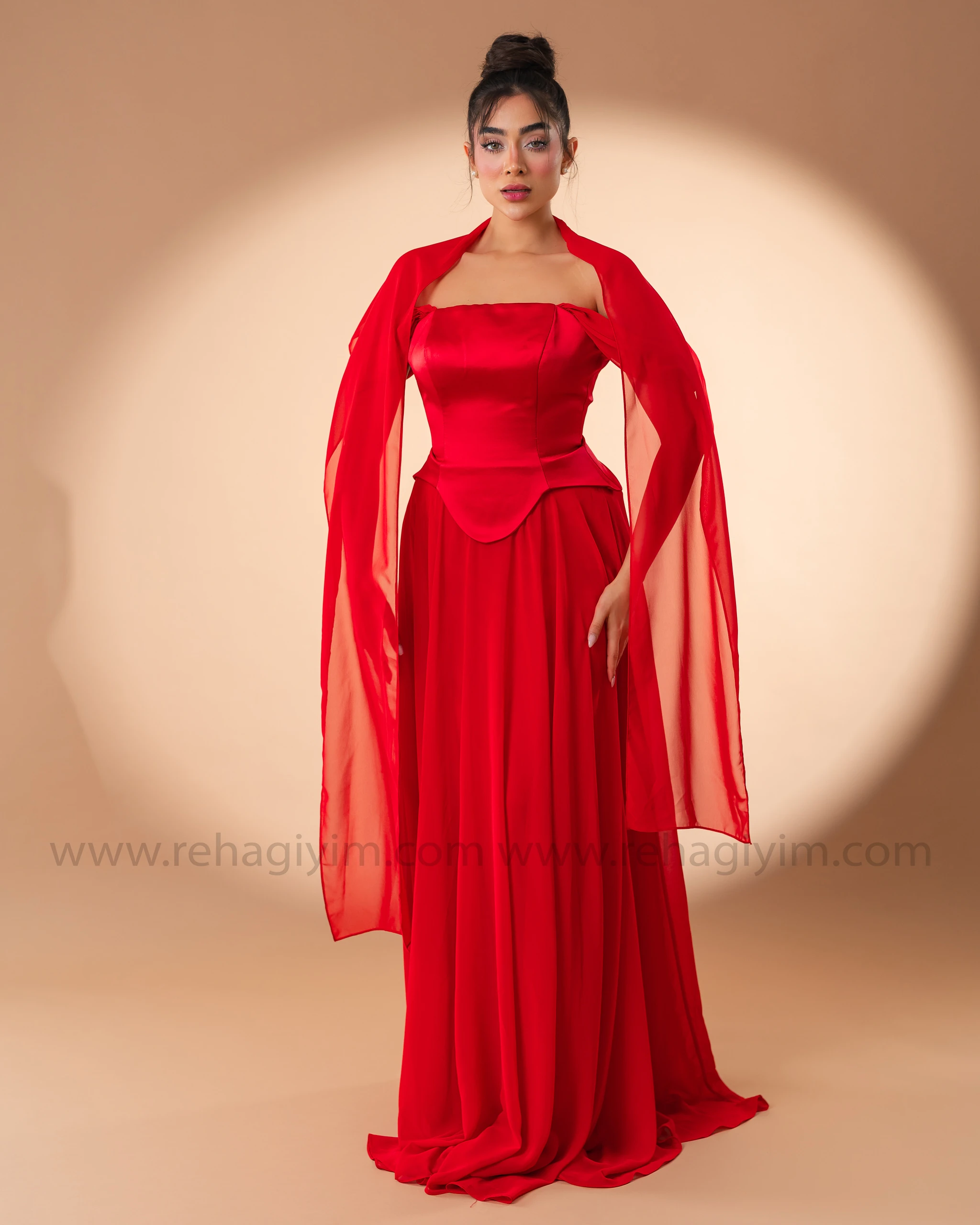 Şal Detaylı Üzeri Saten Altı Şifon Abiye  - Kırmızı