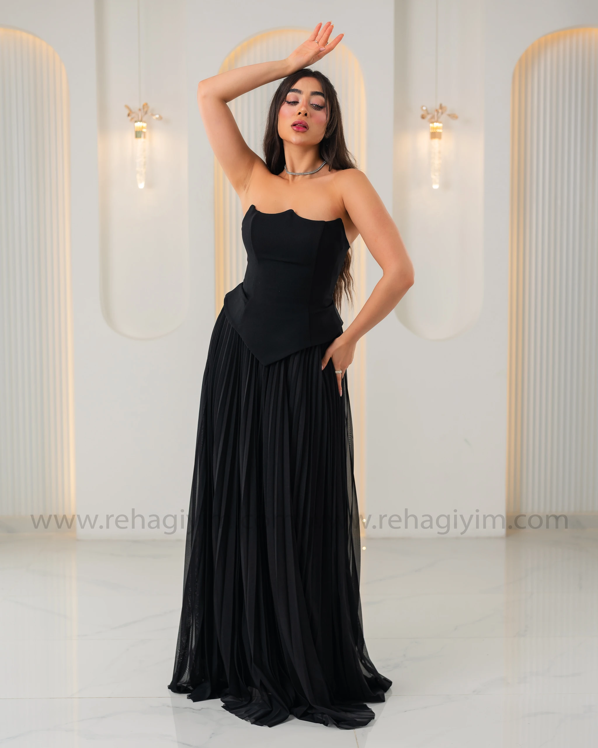 Üstü Krep Altı Şifon Tasarım Abiye Elbise - Siyah