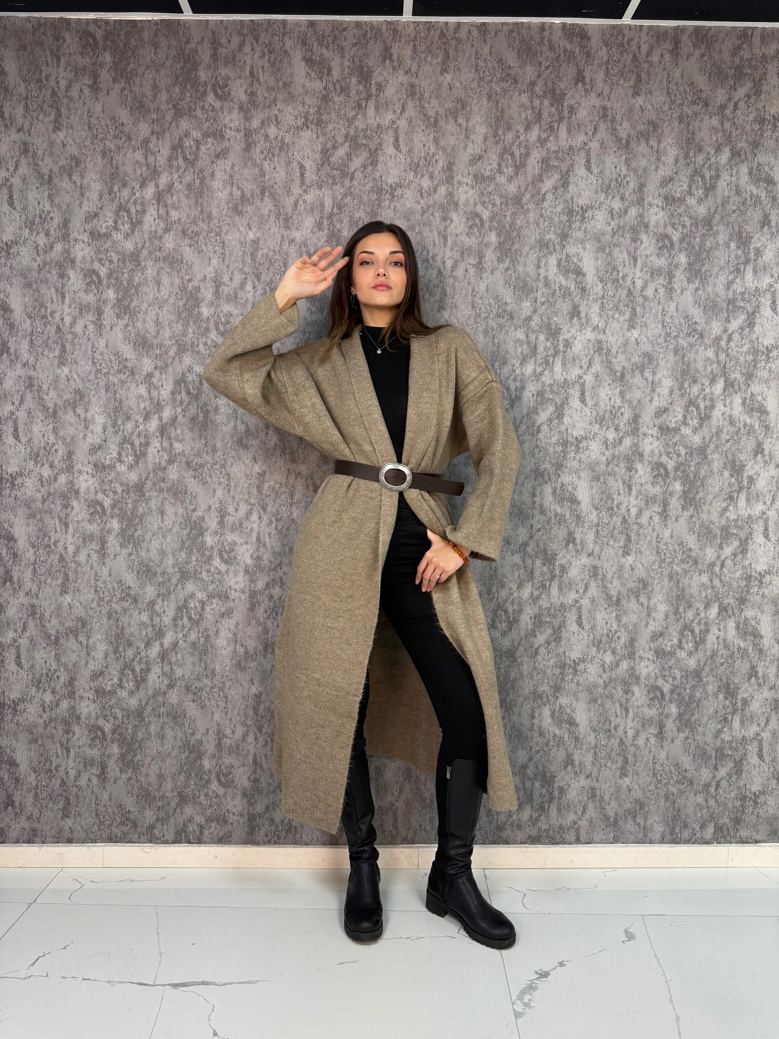 Yumuşacık Uzun Triko Hırka - Vizon