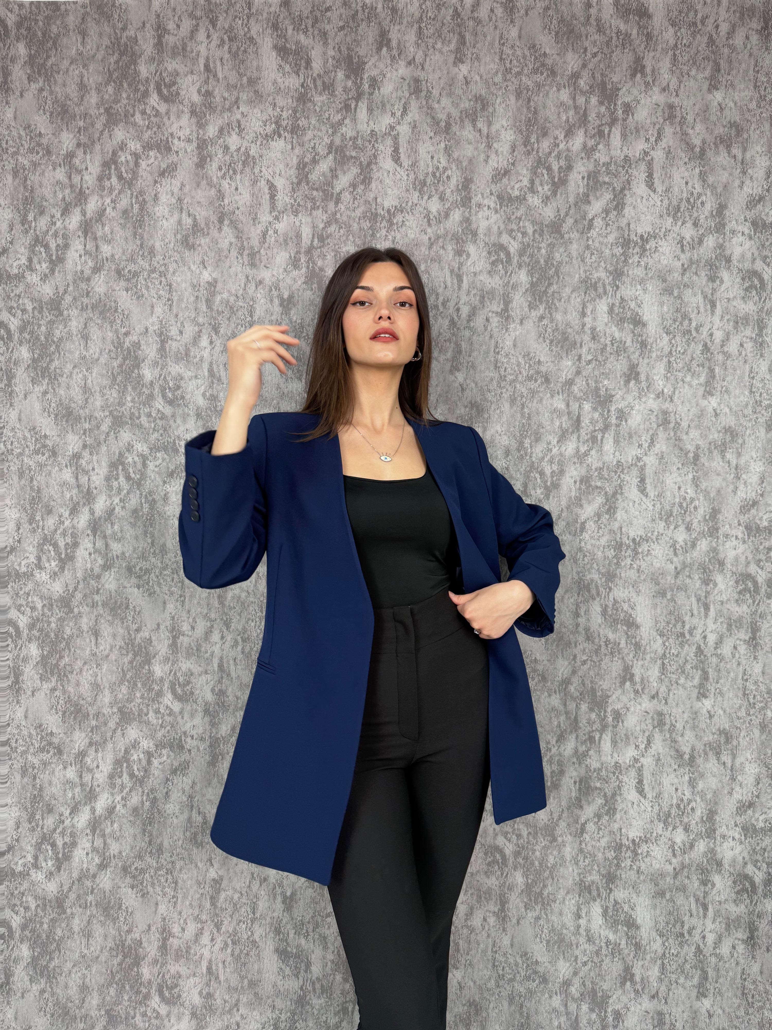 Deri İp Kemerli Lacivert Ceket