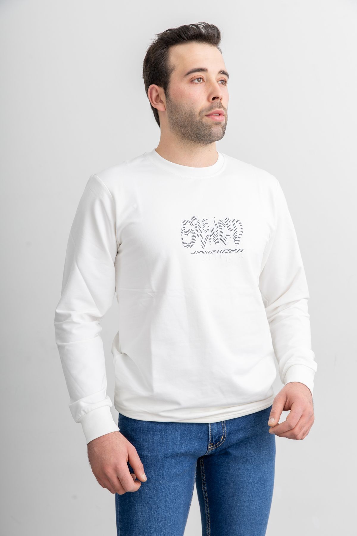 Erkek 8310 Sıfır Yaka Uzun Kollu Baskılı Sweatshirt