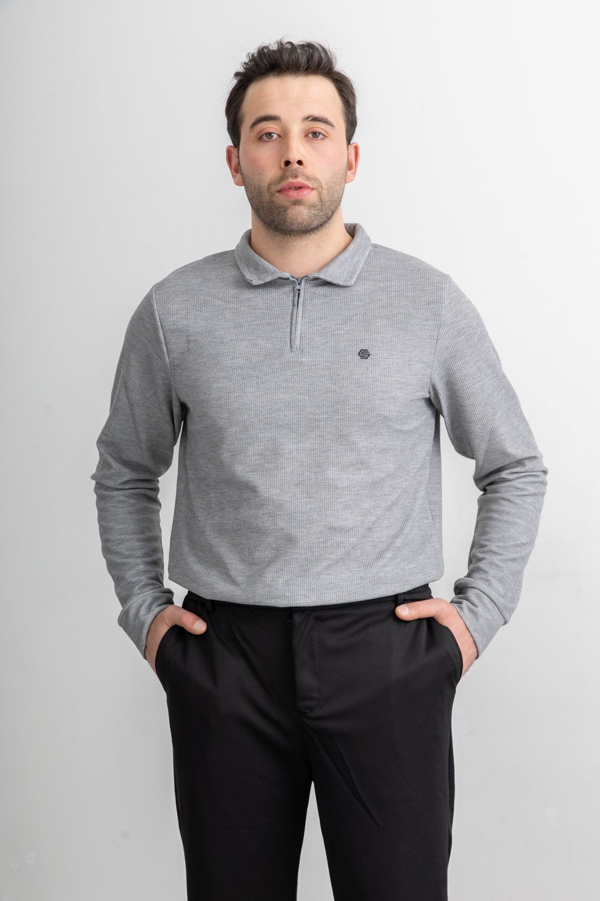 Erkek Yarım Fermuarlı Dik Yaka Uzun Kol Sweatshirt