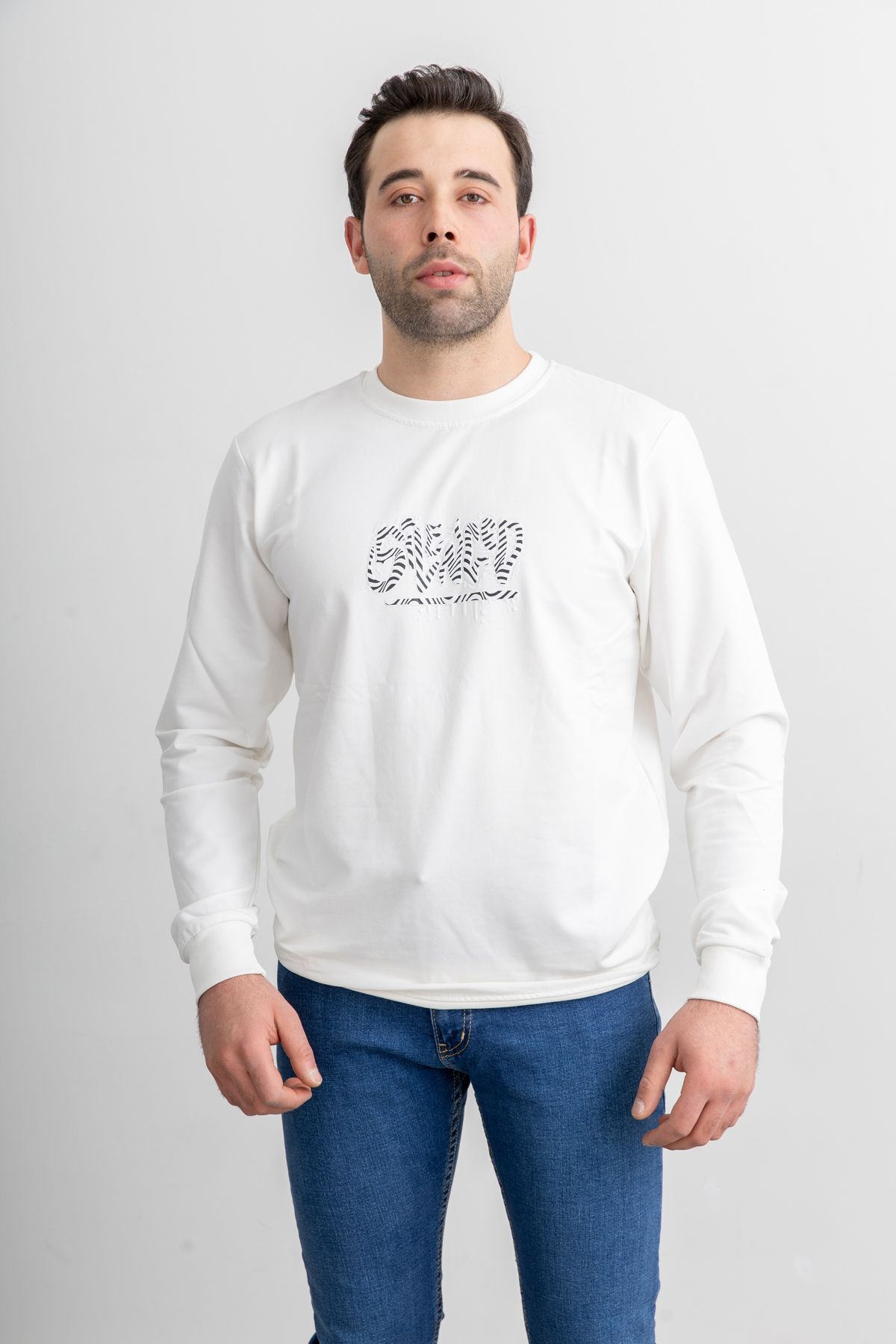 Erkek 8310 Sıfır Yaka Uzun Kollu Baskılı Sweatshirt