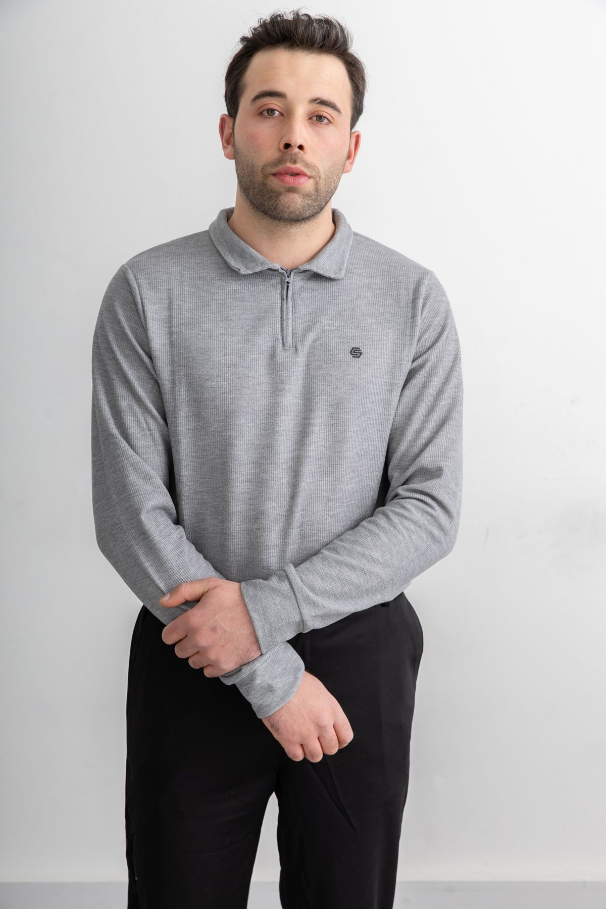 Erkek Yarım Fermuarlı Dik Yaka Uzun Kol Sweatshirt