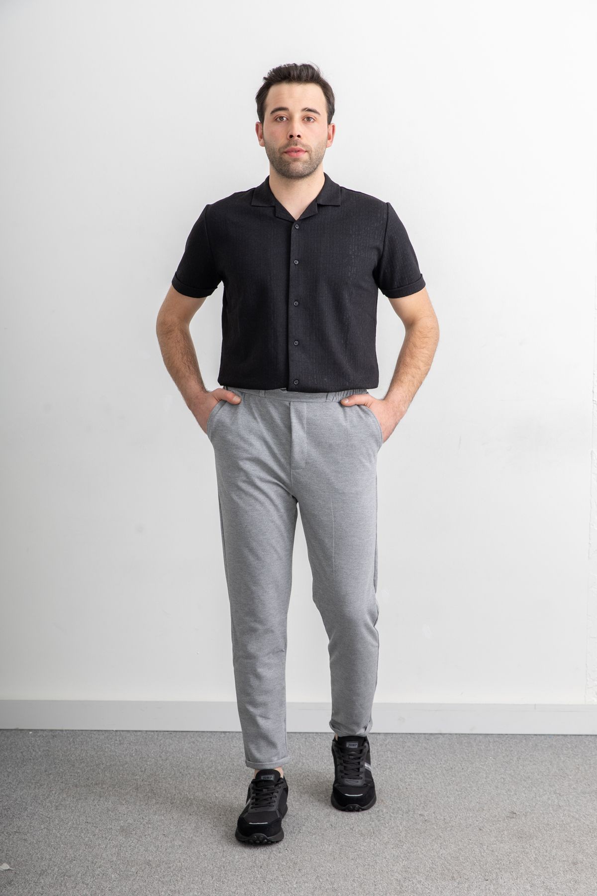 Erkek Beli Lastikli İpli Cepli Rahat Kesim Diagonel Double Paça Jogger Pantolon image