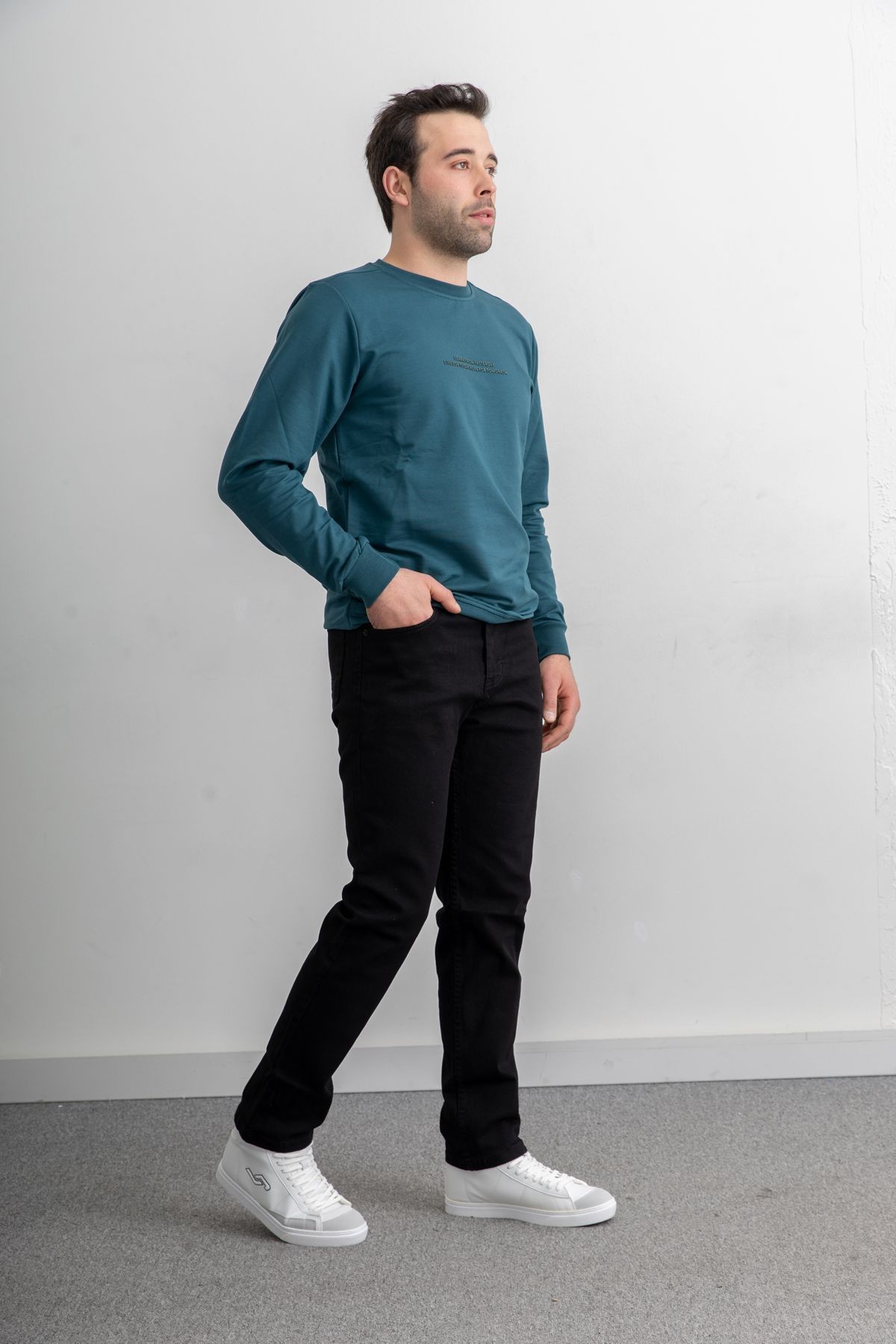 Erkek 8306 Sıfır Yaka Uzun Kollu Baskılı Sweatshirt