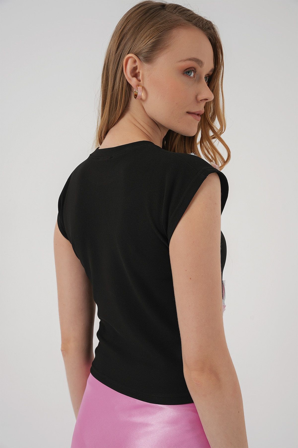 930 Kısa Kol Desenli Crop Bluz - Siyah