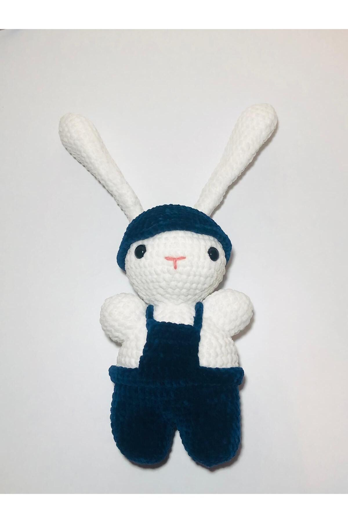 Kadife Lacivert Salopetli Amigurumi Oyuncak Tavşan Uzun Kulaklı Handmade (25cm)