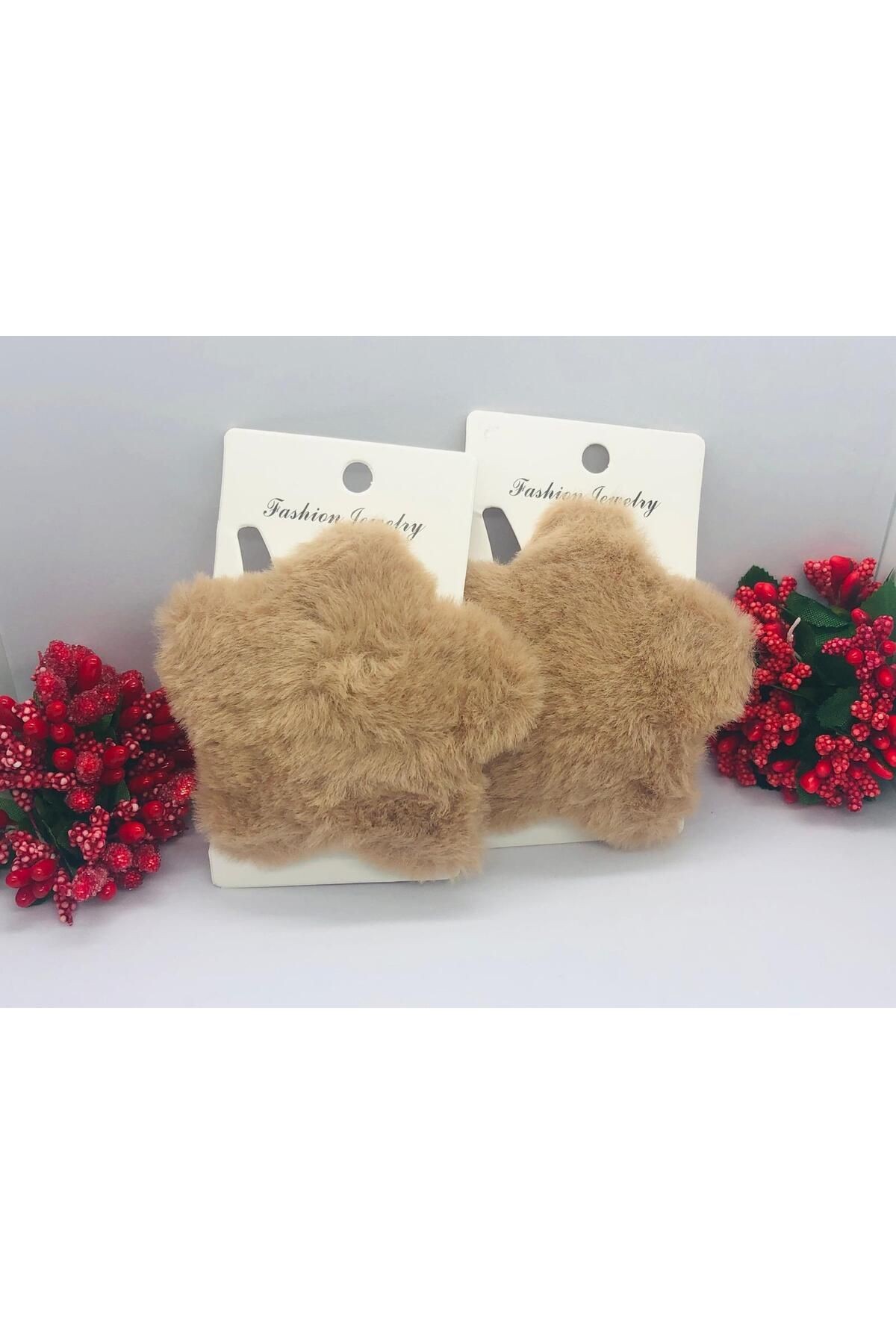 KAHVERENGİ PELUŞ YILDIZLI ÇITÇIT SAÇ TOKASI 2'Lİ