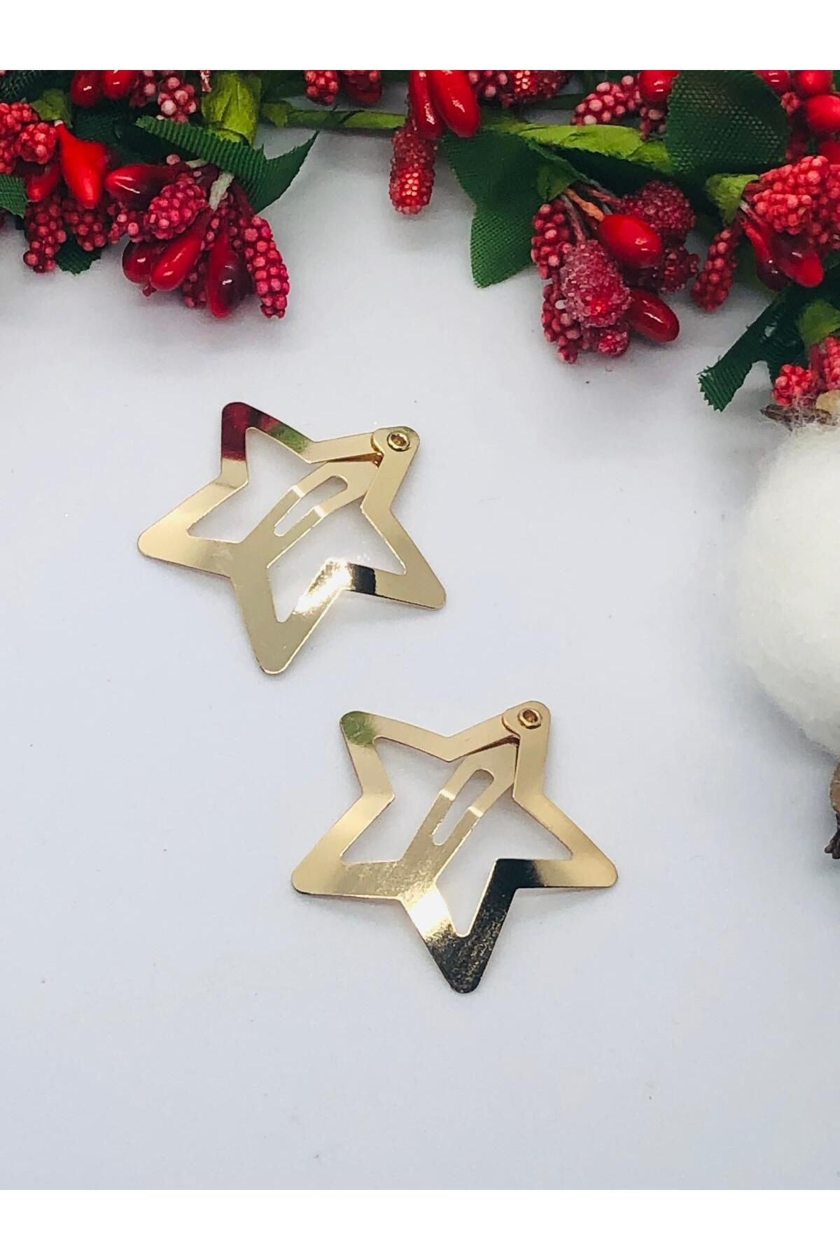 Gold Rengi Çok Şık Yıldızlı Çıtçıtlı Saç Tokası 2' li  (3 cm)