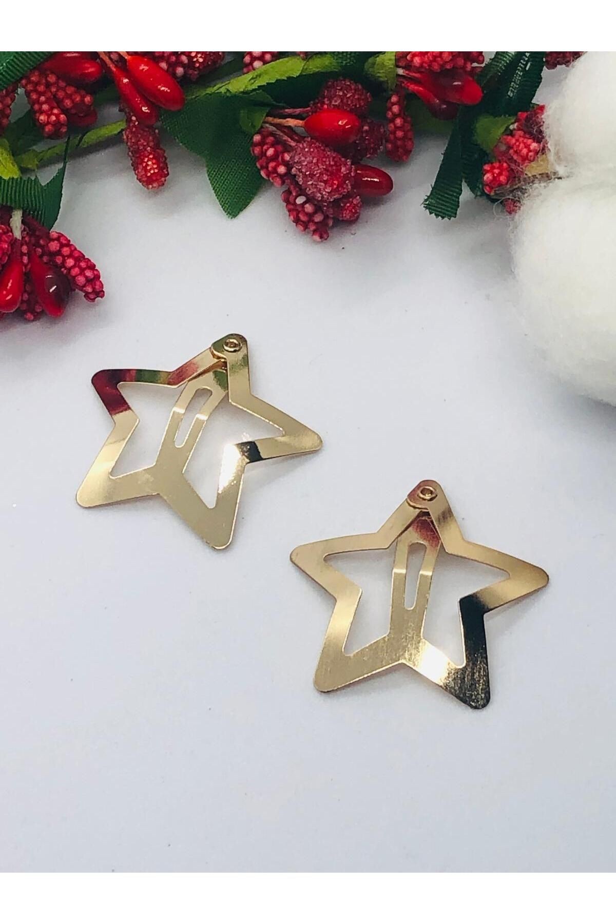 Gold Rengi Çok Şık Yıldızlı Çıtçıtlı Saç Tokası 2' li  (3 cm)