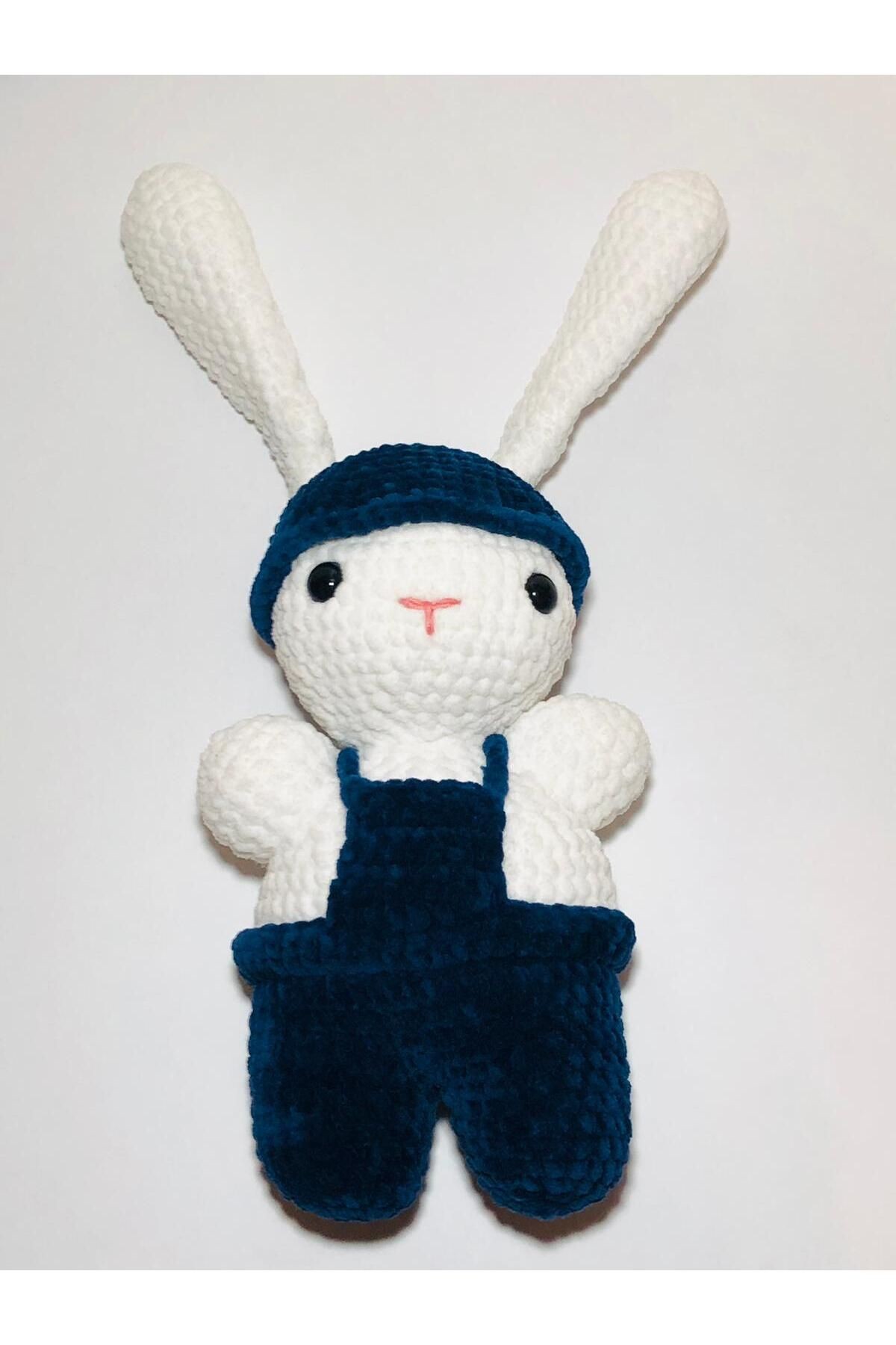 Kadife Lacivert Salopetli Amigurumi Oyuncak Tavşan Uzun Kulaklı Handmade (25cm)