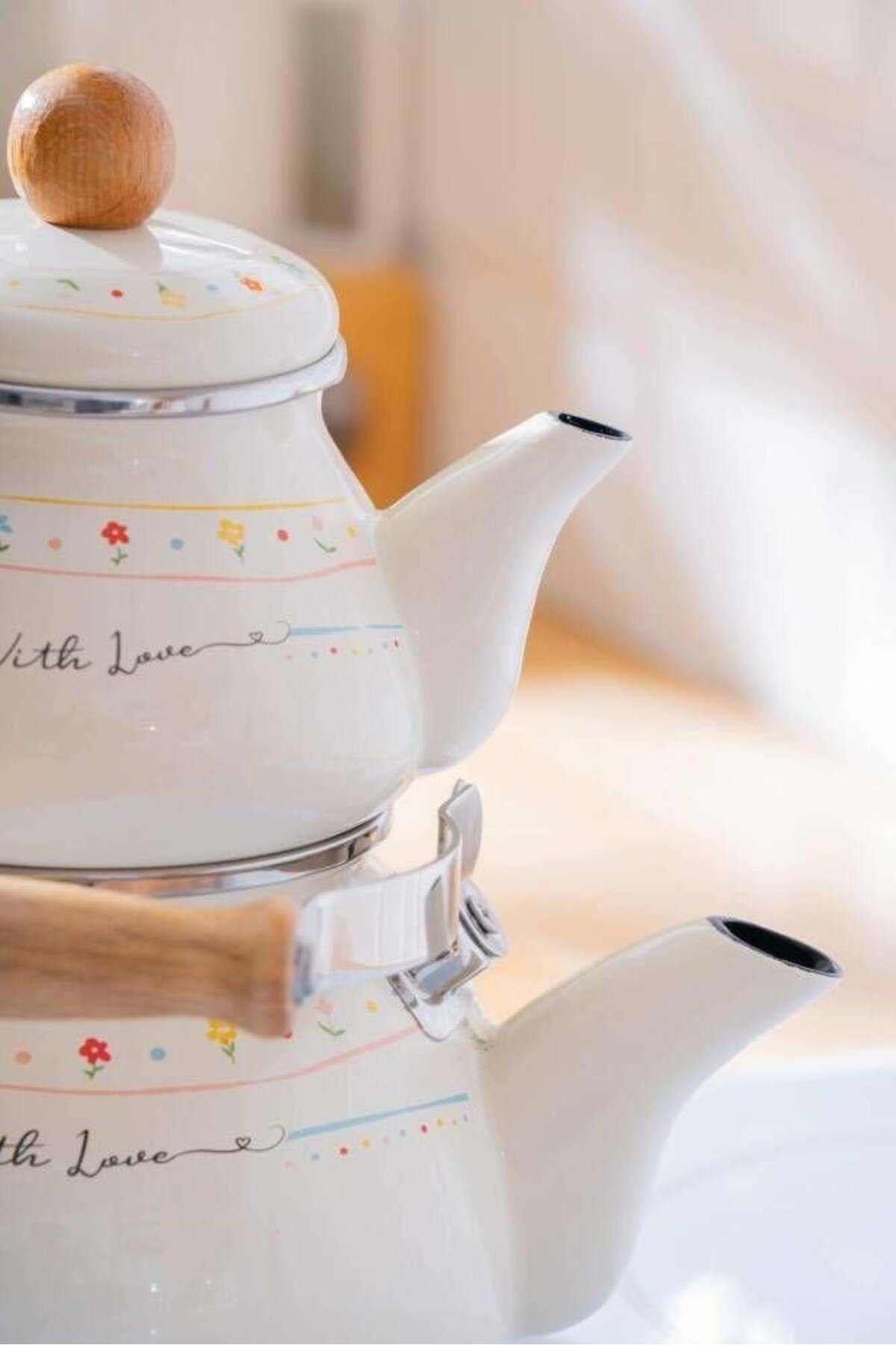 Made With Love Model Alt Üst Emaye Çaydanlık Takımı