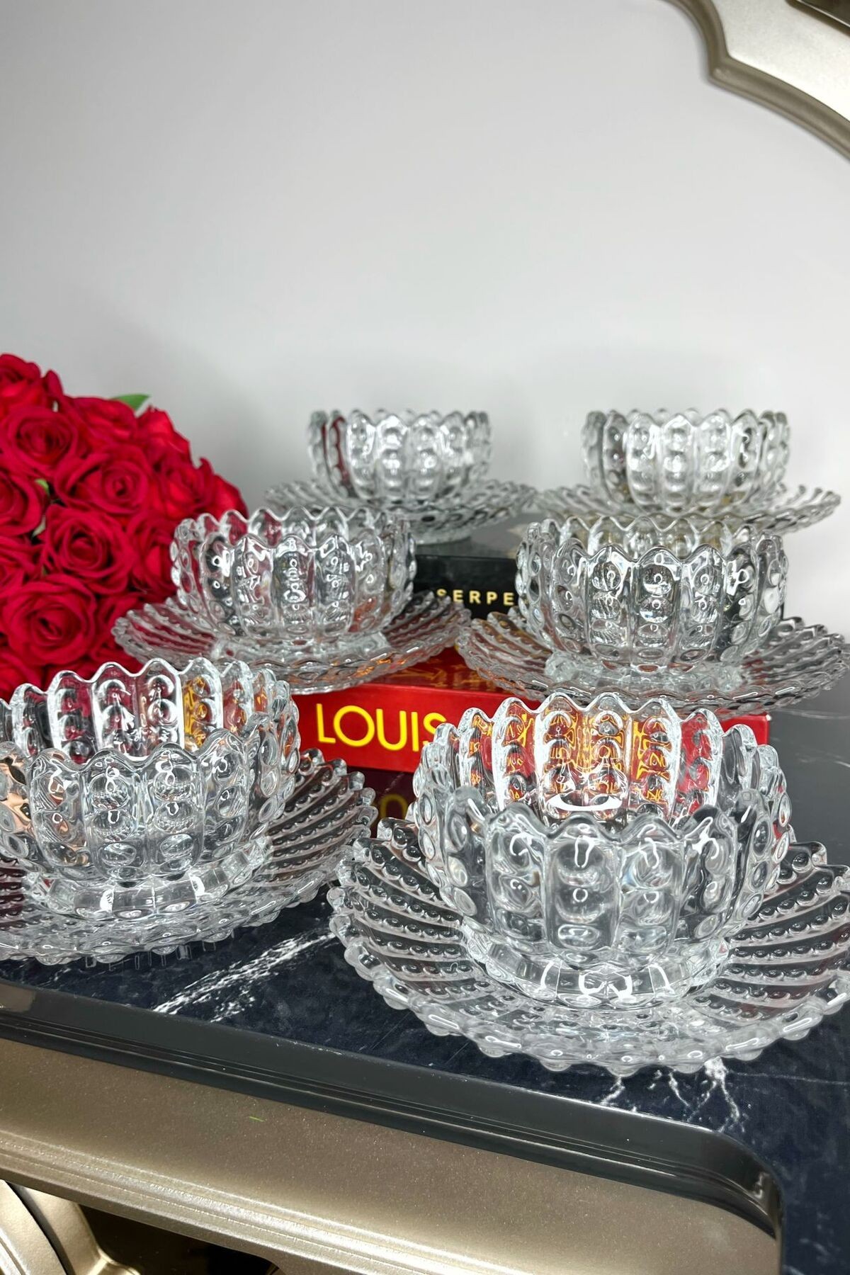 6’lı Cam Tabaklı Kase Set( Model 1)