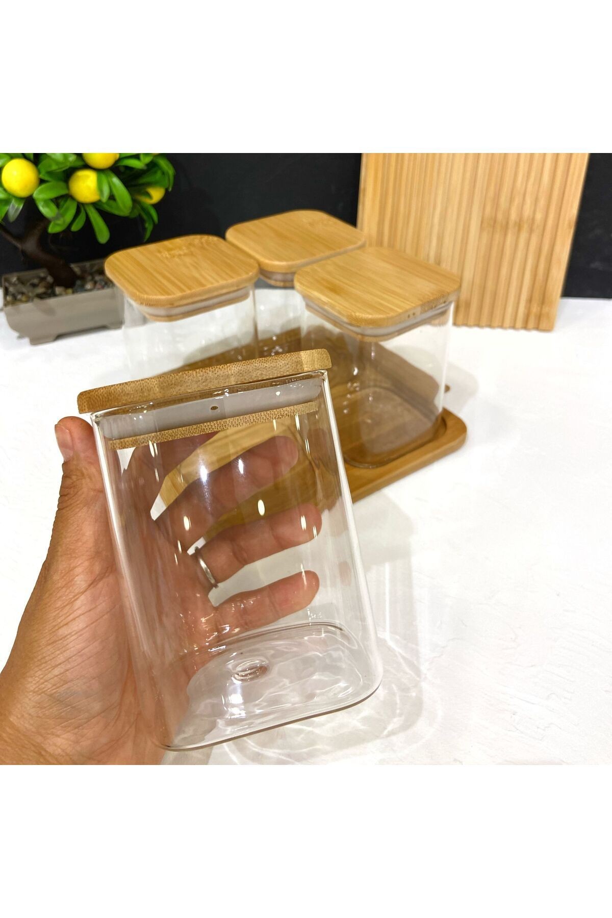 Kare Bambu Model Standlı Baharatlık Set