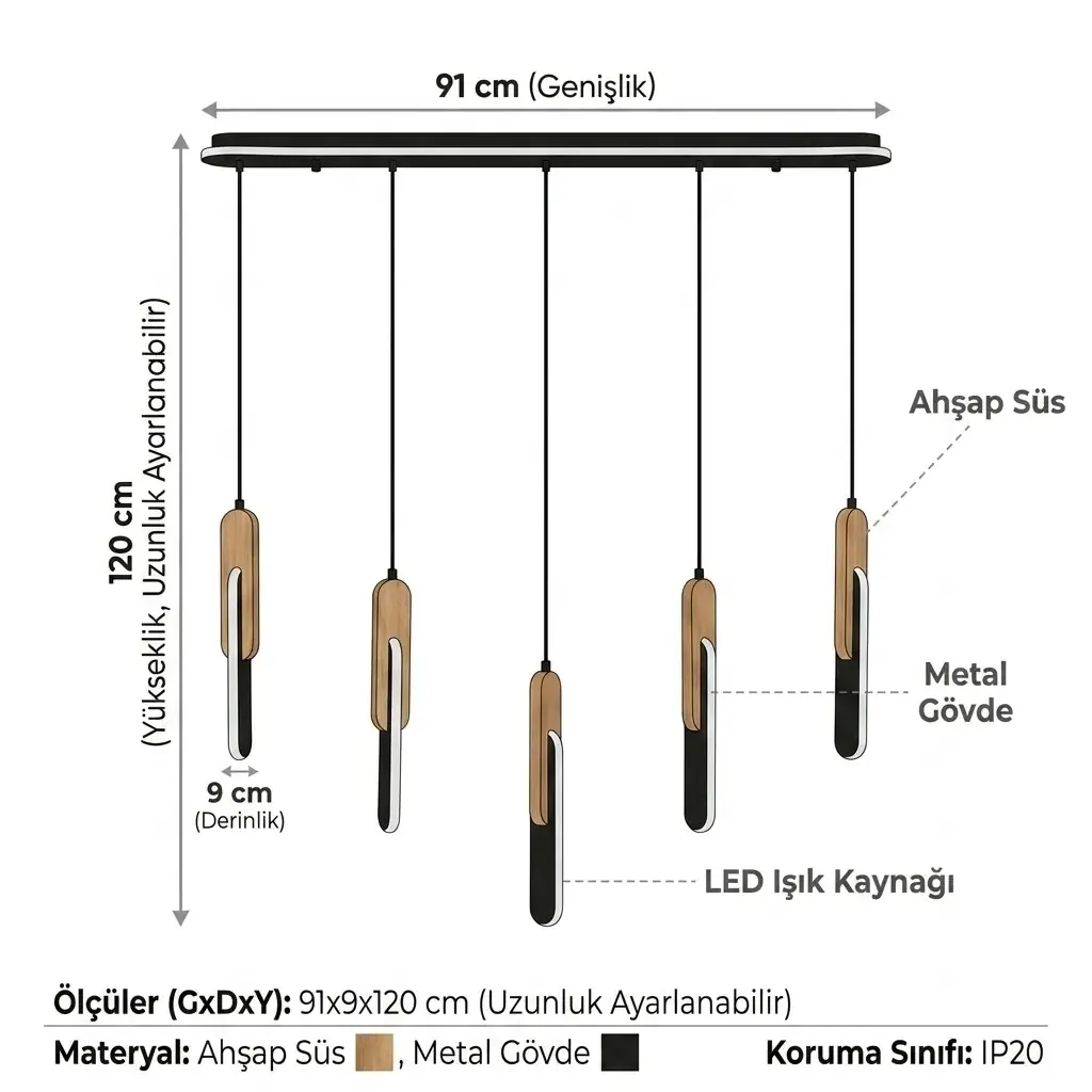 Özcan Aydınlatma 5'Li Sıralı Wooden Led Avize 1426-5AS | Modern