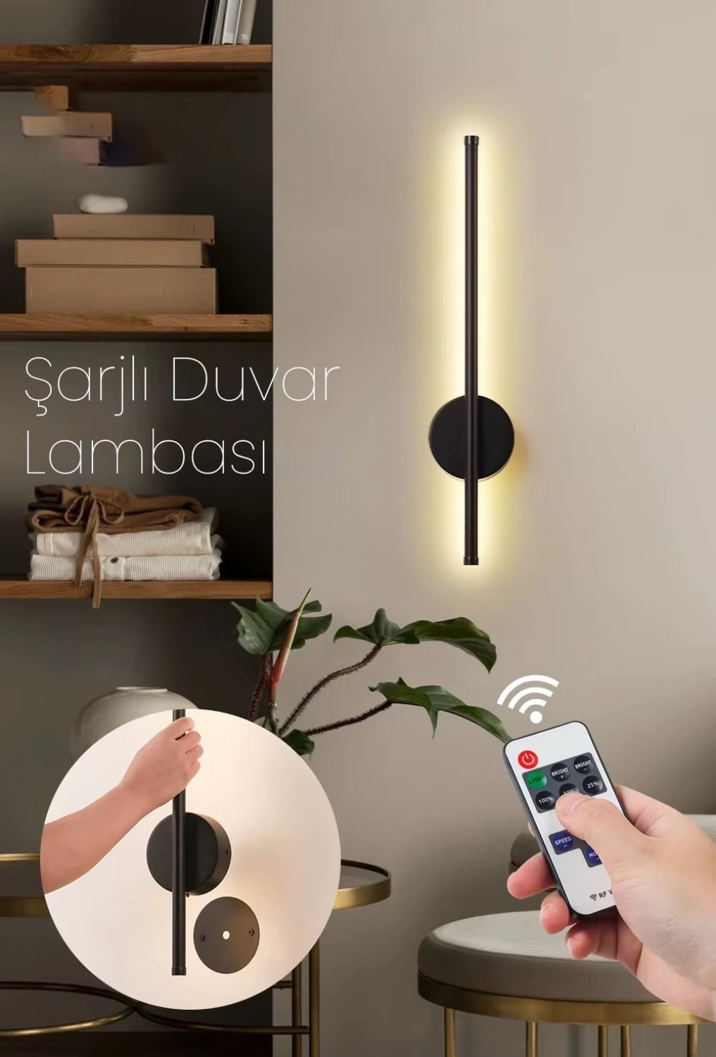 Modesco Bahon Dekoratif Şarjlı Mıknatıslı Led Aplik Kumandalı - Siyah