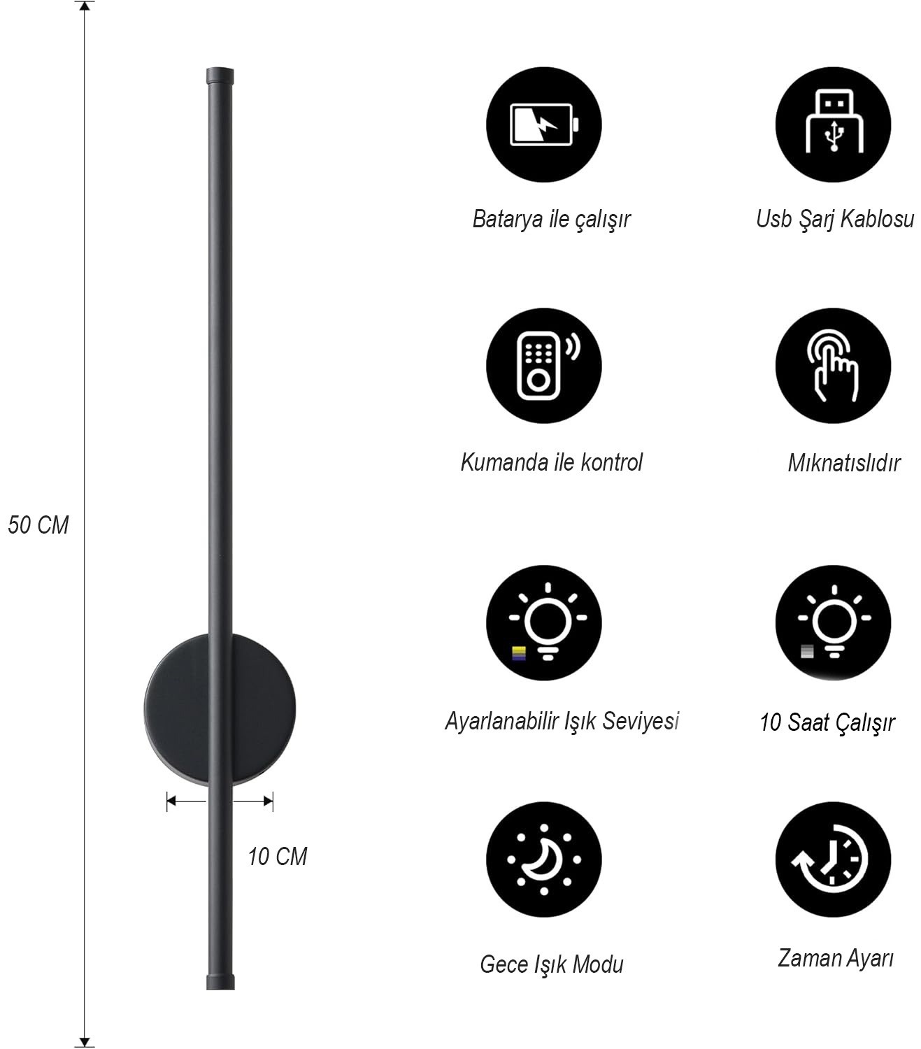 Modesco Bahon Dekoratif Şarjlı Mıknatıslı Led Aplik Kumandalı - Siyah