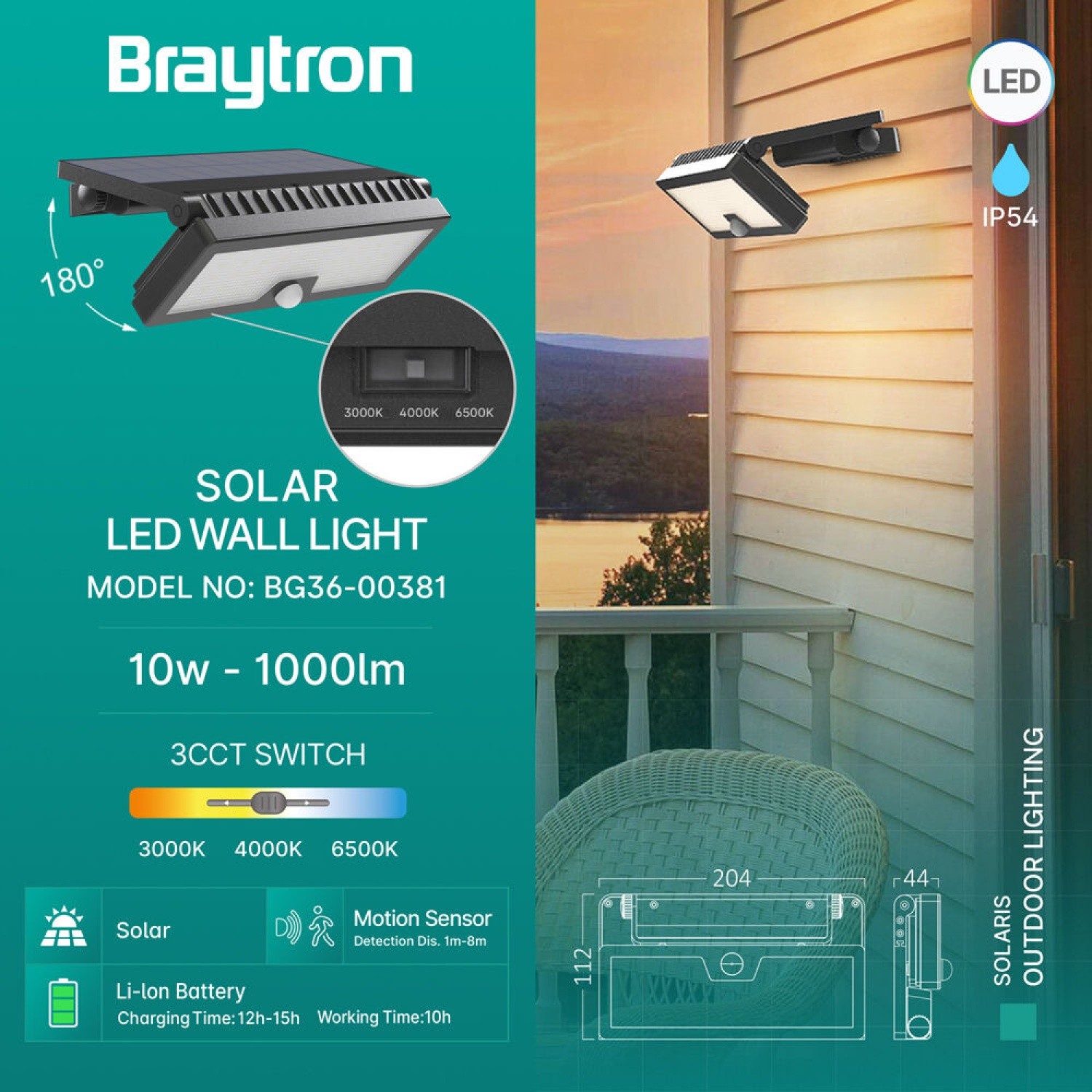 Braytron Solaris 10W Sensörlü Solar Led Duvar Aplik 3 Renk