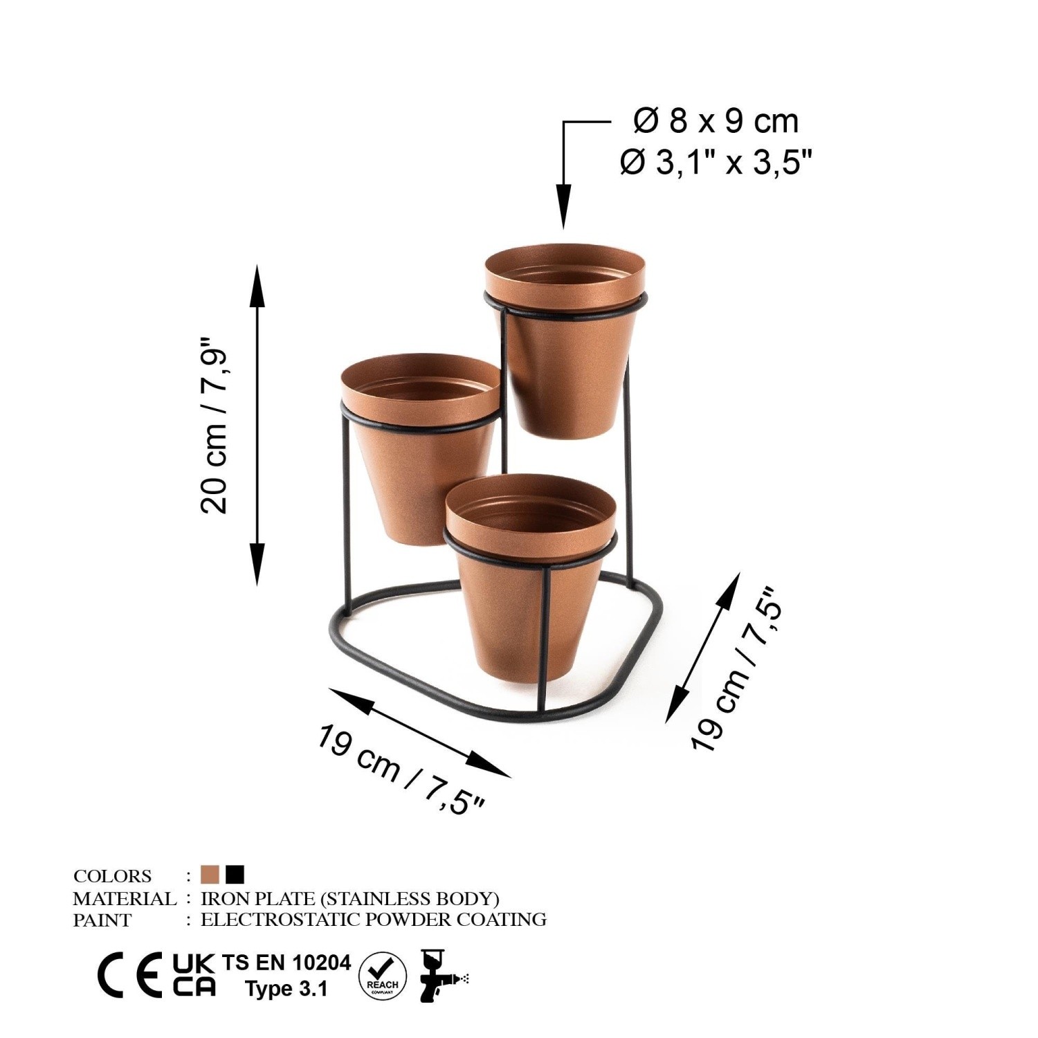 Modesco 3 Lü Masa Üstü Metal Saksılık - Bakır
